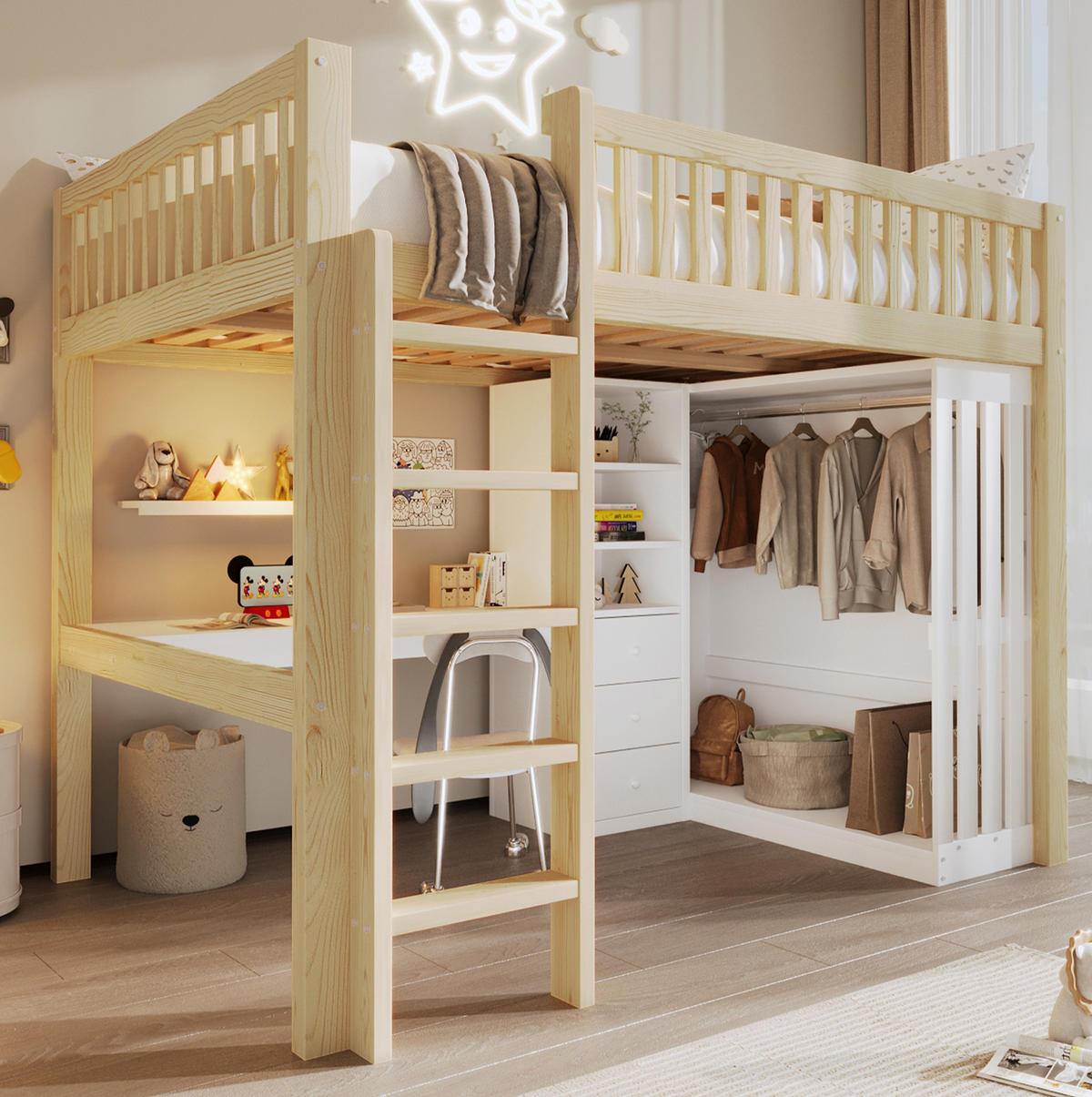 HOCHBETT 140/200 cm Natur mit Schreibtisch, Kleiderschrank und 3 Schubladen - Naturfarben, Holz (140/200cm) - Flora Grace