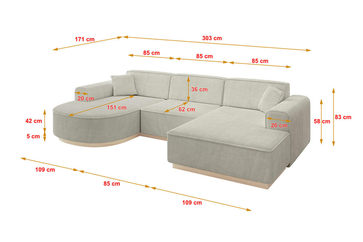 WOHNLANDSCHAFT ARRIO-U1 303x171x83 cm Creme - Ecru/Creme, Holzwerkstoff/Textil (303/83/171cm) - ALTDECOR