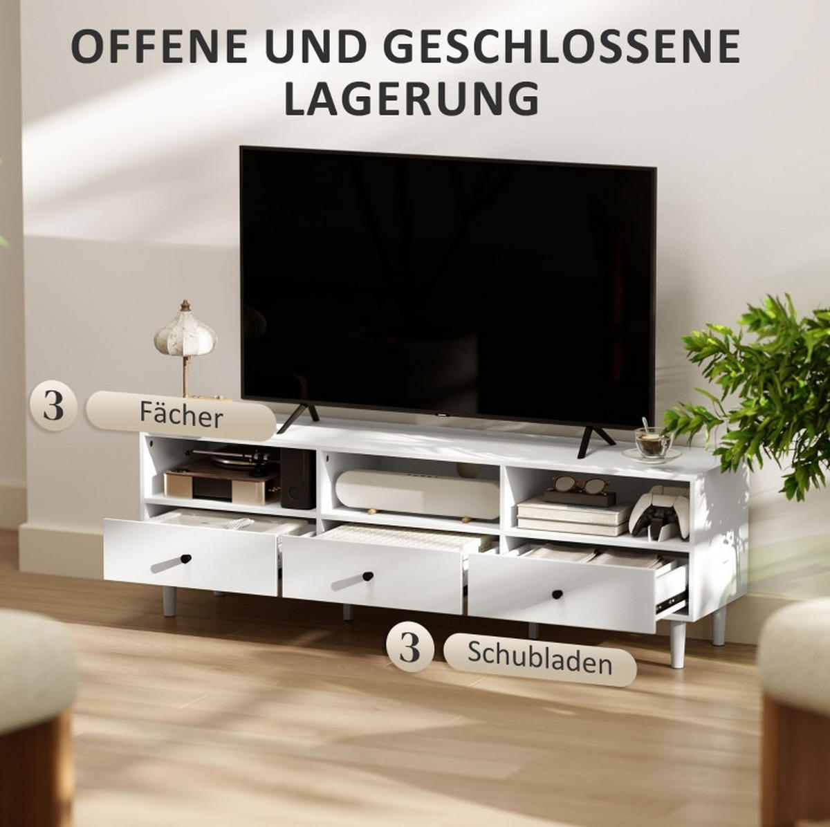 LOWBOARD 140/34/45 cm Weiß aus Spanplatte mit Kabeldurchführung - Weiß, Holzwerkstoff (34/45/140cm) - OKMYHOME