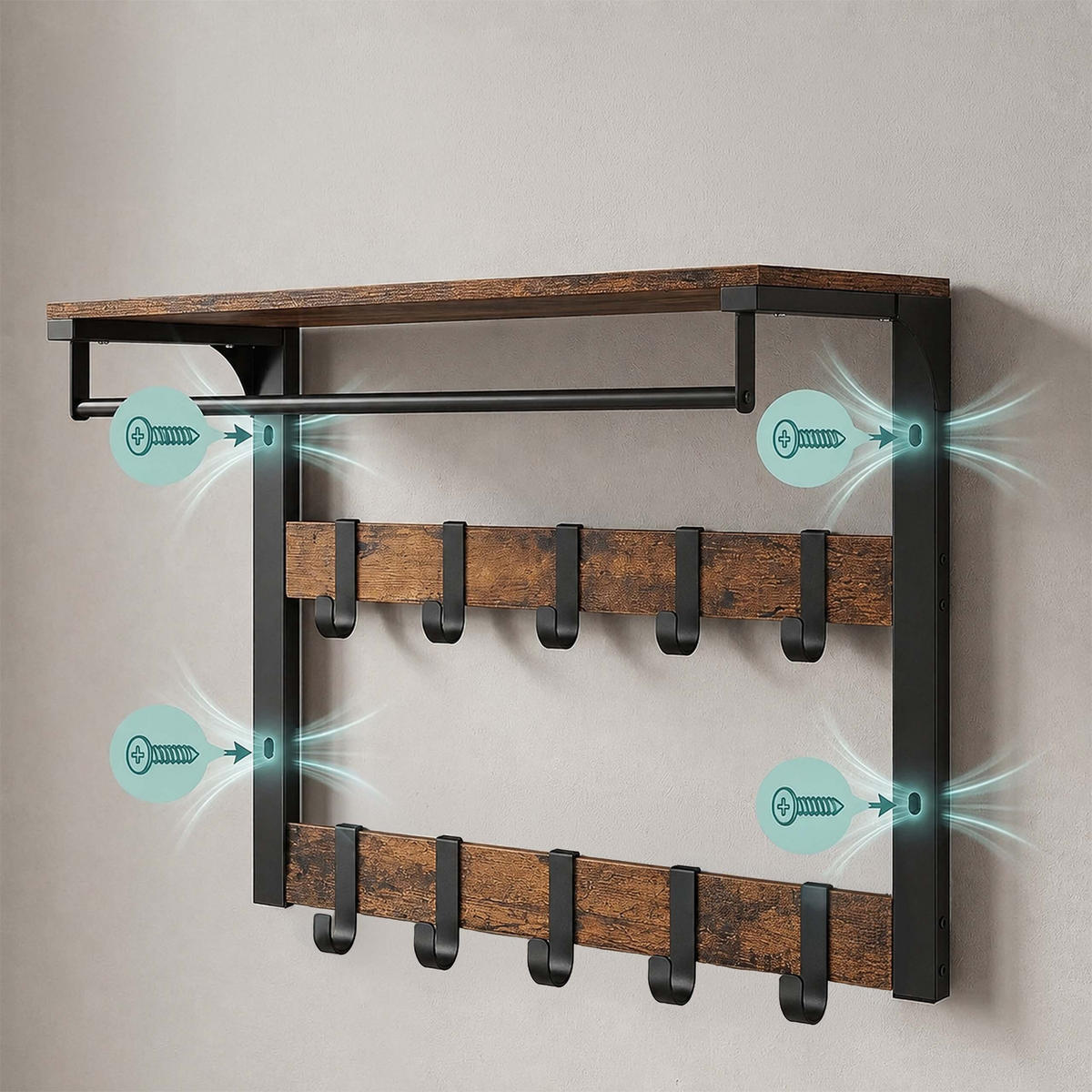 WANDGARDEROBE Vintagebraun Schwarz 3-in-1 10 Haken - Multicolor, Holzwerkstoff/Metall (65/42/30cm) - Relaxdays
