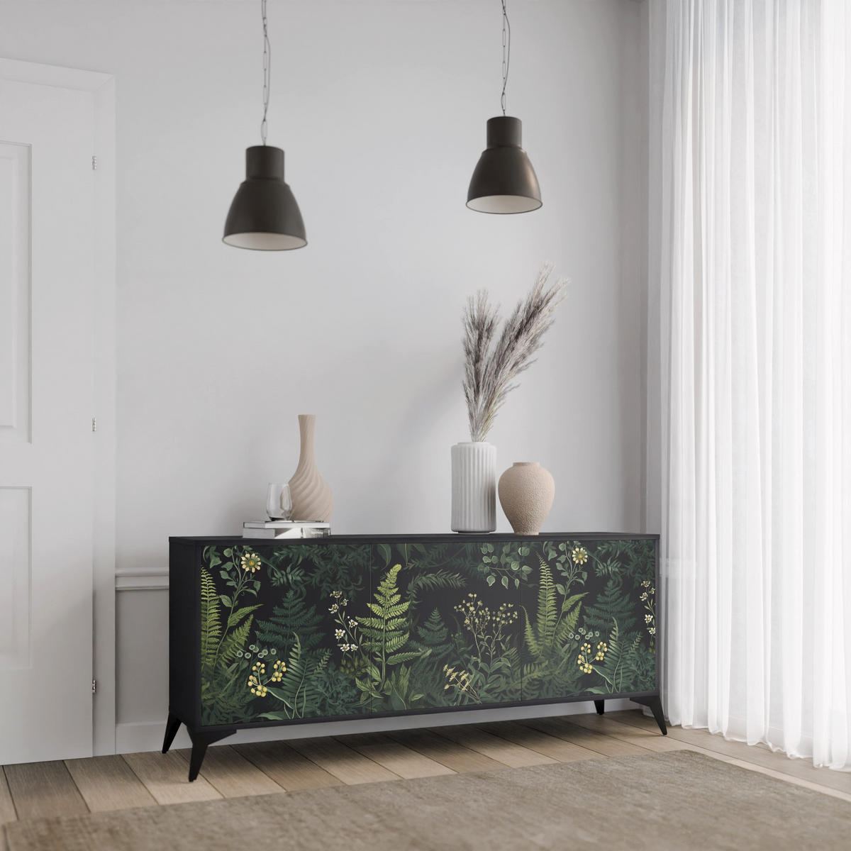SIDEBOARD FERN FLOWERS, Eicheneffekt, 164,5x42x77,5 cm, 3 Türen - Eichefarben/Buchefarben, Holzwerkstoff/Buchenholz (164.5/77.5/42cm) - SpaceRebels