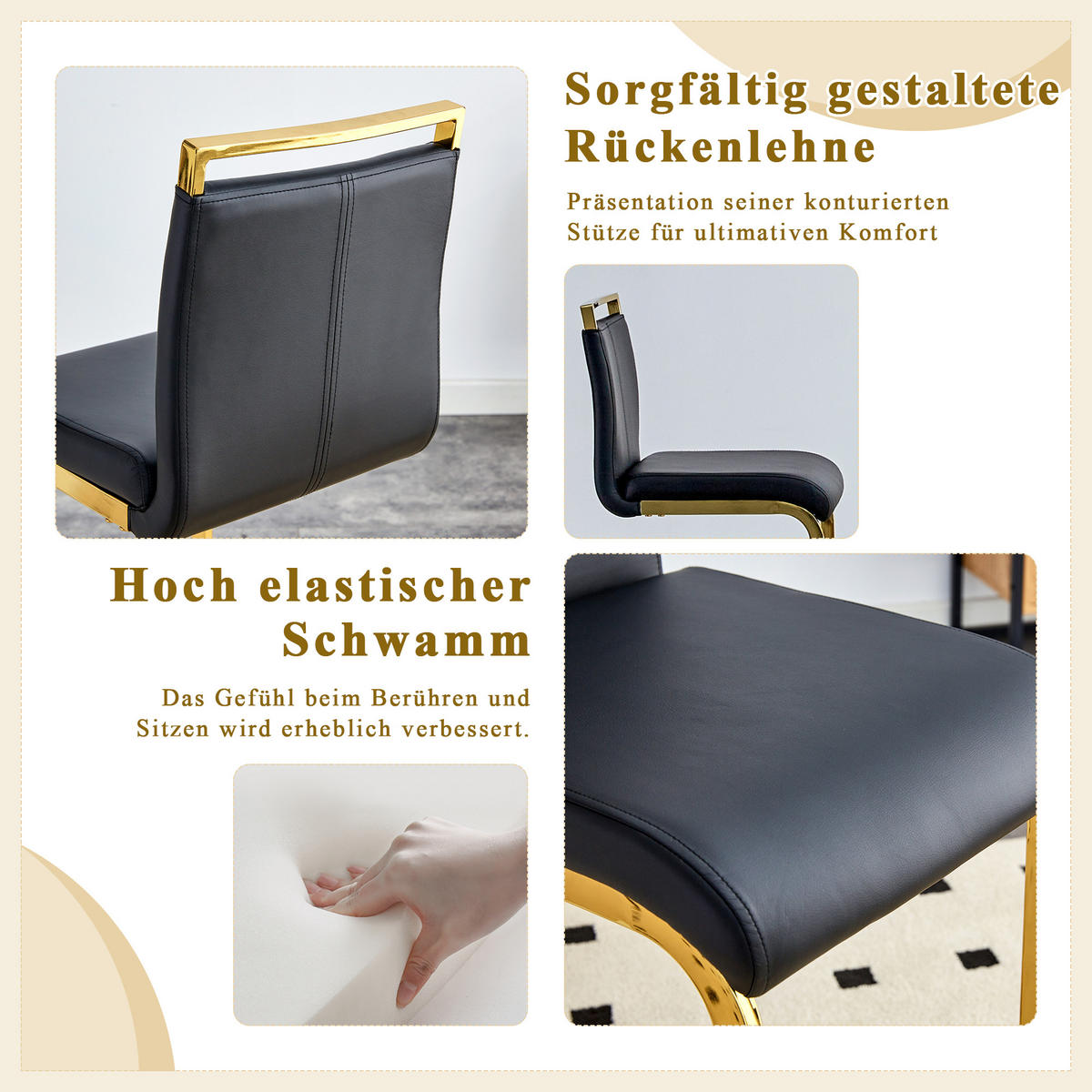 BARHOCKER 2er-Set Schwarz mit PU-Leder und goldfarbenen Metallbeinen - Schwarz, Metall (39/96.5/46.5cm) - PANGIVO