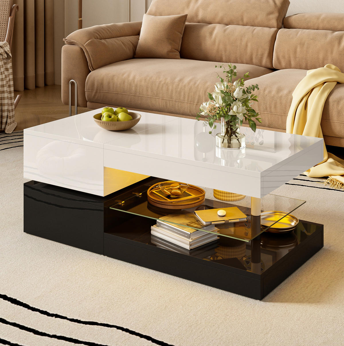 COUCHTISCH 90/45/35.5 cm in Schwarz/Weiß aus PB mit LED-Beleuchtung - Weiß, Holzwerkstoff (90/45/35.5cm) - OKMYHOME