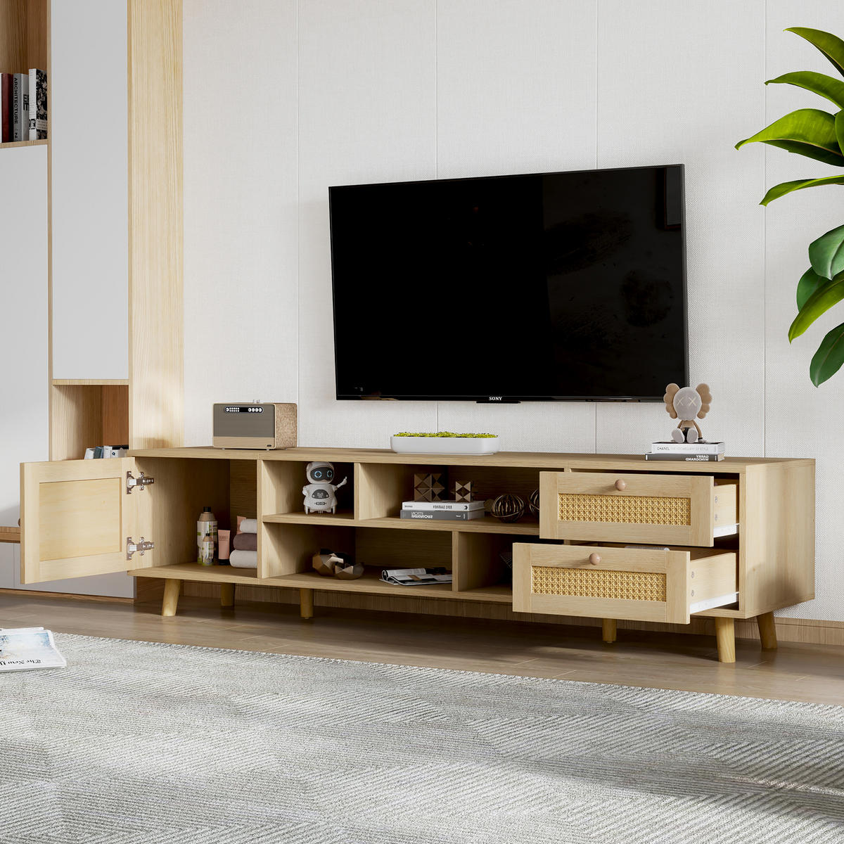 TV-SCHRANK 160/39/40,5 cm Eiche Spanplatte mit Kabelmanagement und 2 Rattanschubladen - Naturfarben, Holzwerkstoff (160/40/39cm) - OKWISH