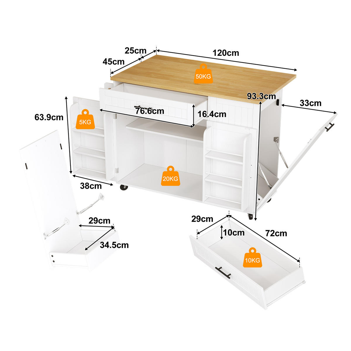 KÜCHENINSEL 130 cm MDF Weiß mit Klappbarer Arbeitsplatte und Feststellrollen - Weiß, Holzwerkstoff (70/93/130cm) - Korfee