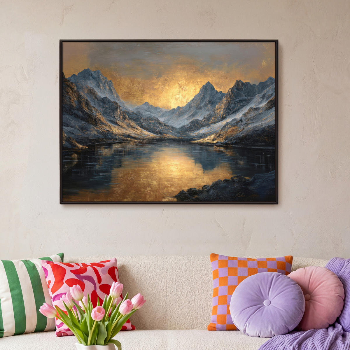 LEINWAND Bilder mit Rahmen - Bergkulisse mit goldenem Sonnenuntergang - 100x70 - Goldfarben, Textil (100/70cm) - MuchoWow