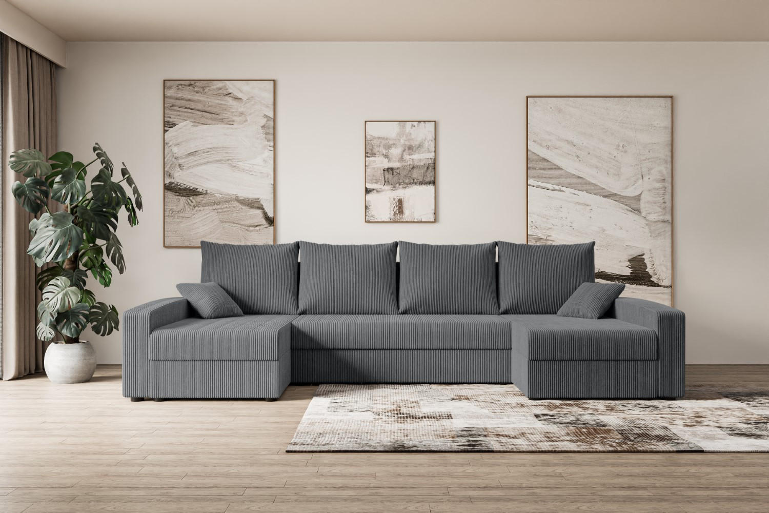 WOHNLANDSCHAFT mit Schlaffunktion und Bettkasten ALESIA-U 301x140x90 cm Grau Cord - Dunkelgrau/Silberfarben, Holzwerkstoff/Kunststoff (301/90/140cm) - ALTDECOR