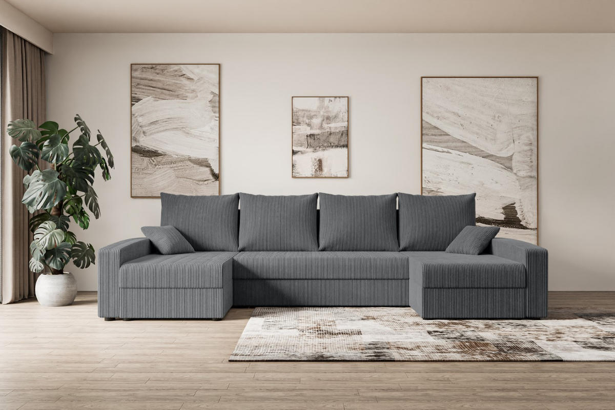 WOHNLANDSCHAFT mit Schlaffunktion und Bettkasten ALESIA-U 301x140x90 cm Grau Cord - Dunkelgrau/Silberfarben, Holzwerkstoff/Kunststoff (301/90/140cm) - ALTDECOR