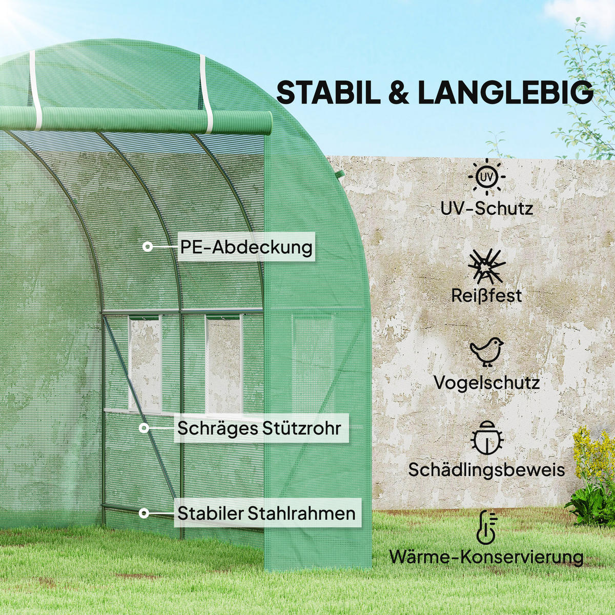 FOLIENGEWÄCHSHAUS, Grün, PE, Stahl - Grün, Kunststoff (200/200/350cm) - Outsunny