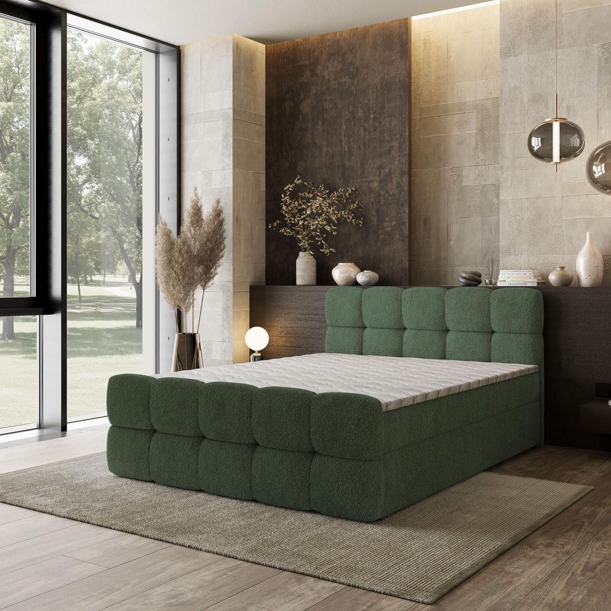 BOXBETT BRUME 160x200 cm mit Matratze und Topper, H2+H3 - Grün - Grün, Holz (160/200cm) - MASSENO