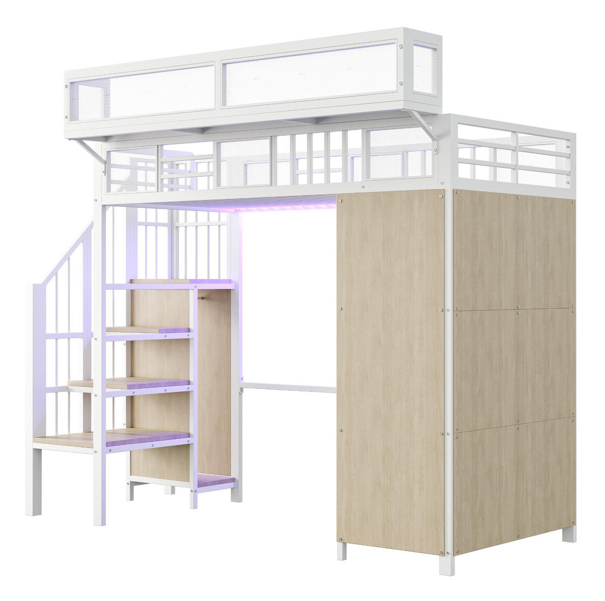 HOCHBETT 90/200 cm in Weiß mit Kleiderschrank, LED und Stauraumleiter - Weiß, Metall (90/200cm) - BEAOK
