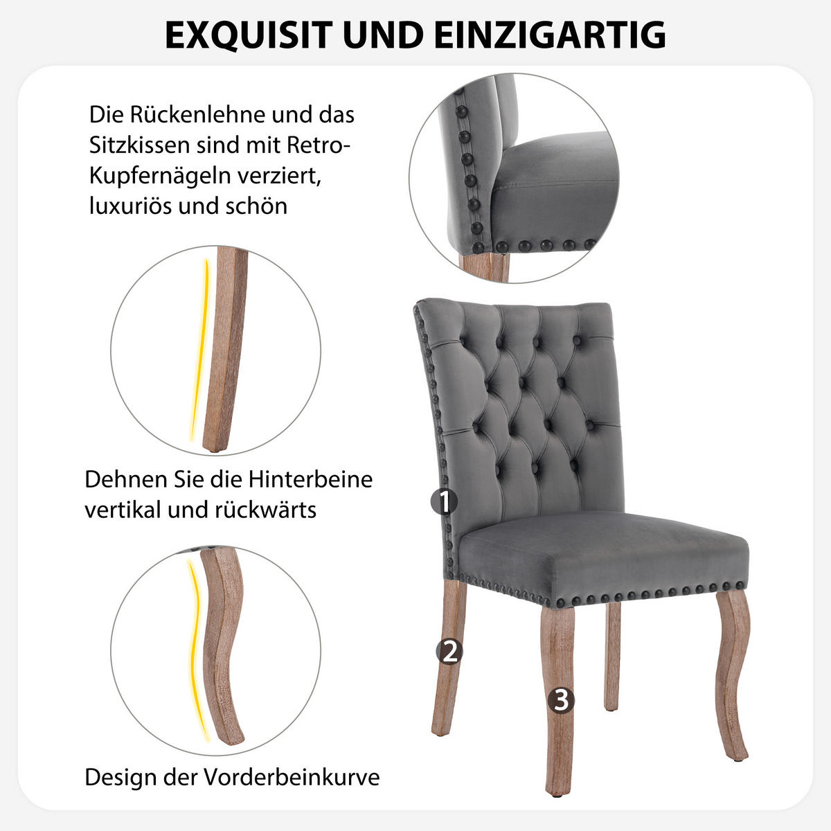 ESSZIMMERSTUHL 2er Set Samt Grau Polsterstuhl Massivholz Modern - Grau, Textil (49/95/63cm) - FLIEKS