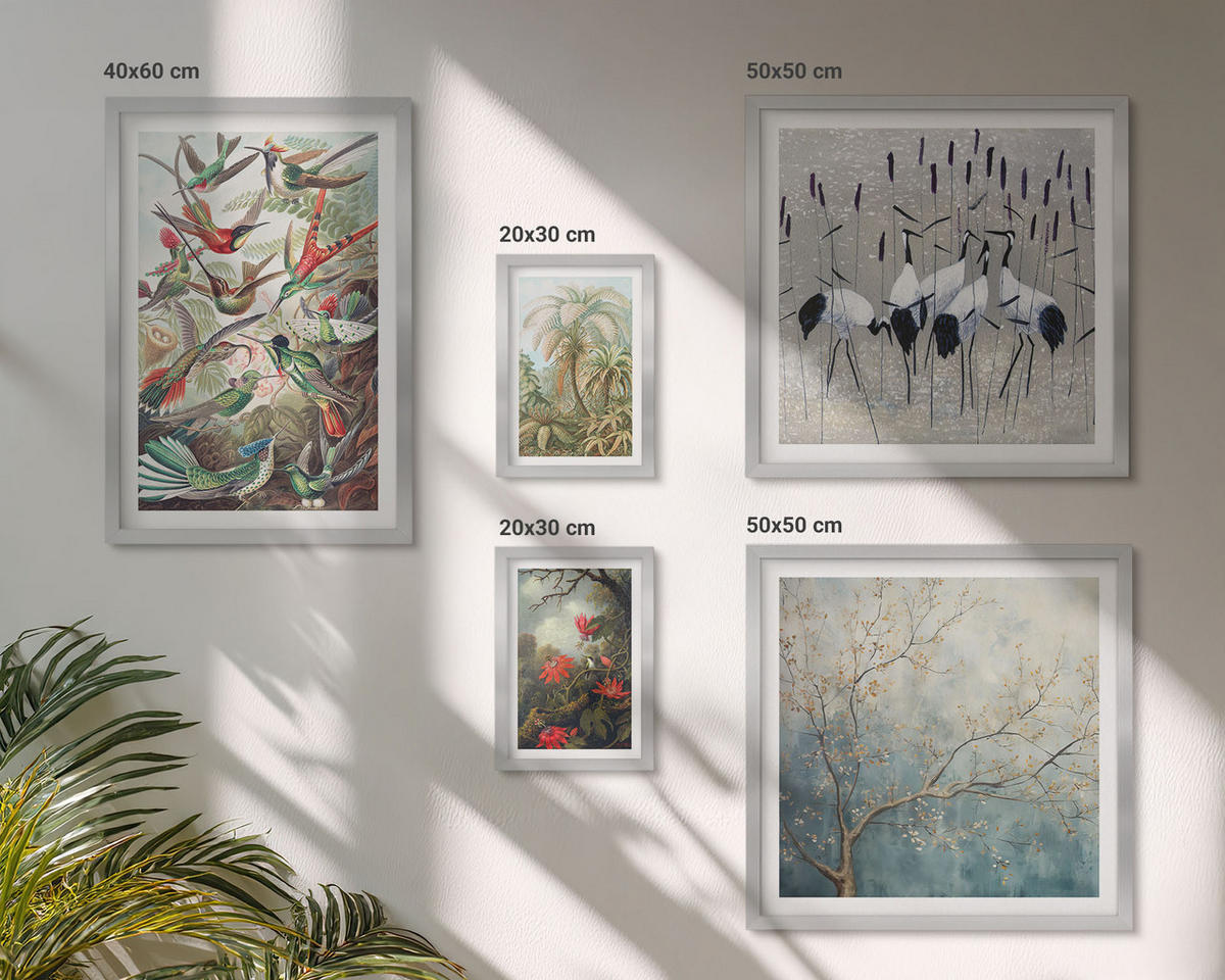 BILDER SET 5er Set - 50x50 cm & 20x30 cm & 40x60 cm Silberner Rahmen - Pastellfarbene Berglandschaft mit rosa Flamingos - Silberfarben, Kunststoff (40/60cm) - TULUP