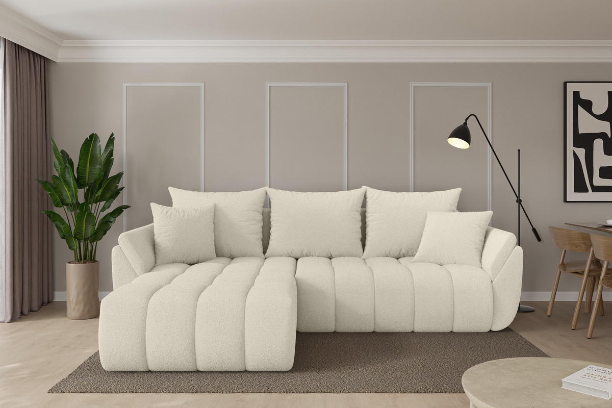 ROHOVÁ SEDAČKA s funkcí spaní, otoman vlevo TOKO-L-v1 277x194x86 béžová bouclé - černá/písková barva, kompozitní dřevo/textil (277/194cm) - ALTDECOR