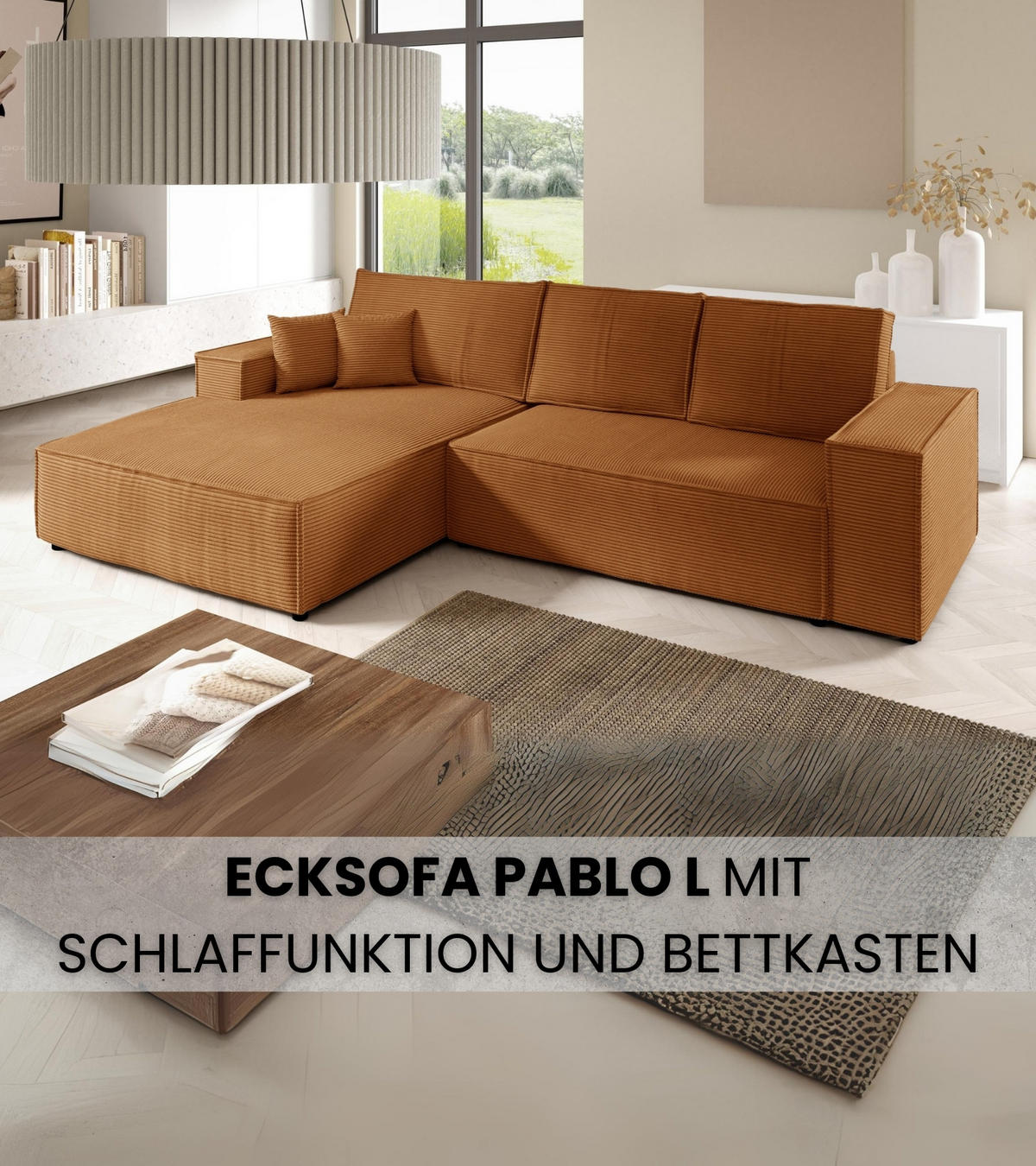 ECKSOFA Pablo mit Schlaffunktion Orange Cord - Orange, Textil (294/185cm) - Bromarkt