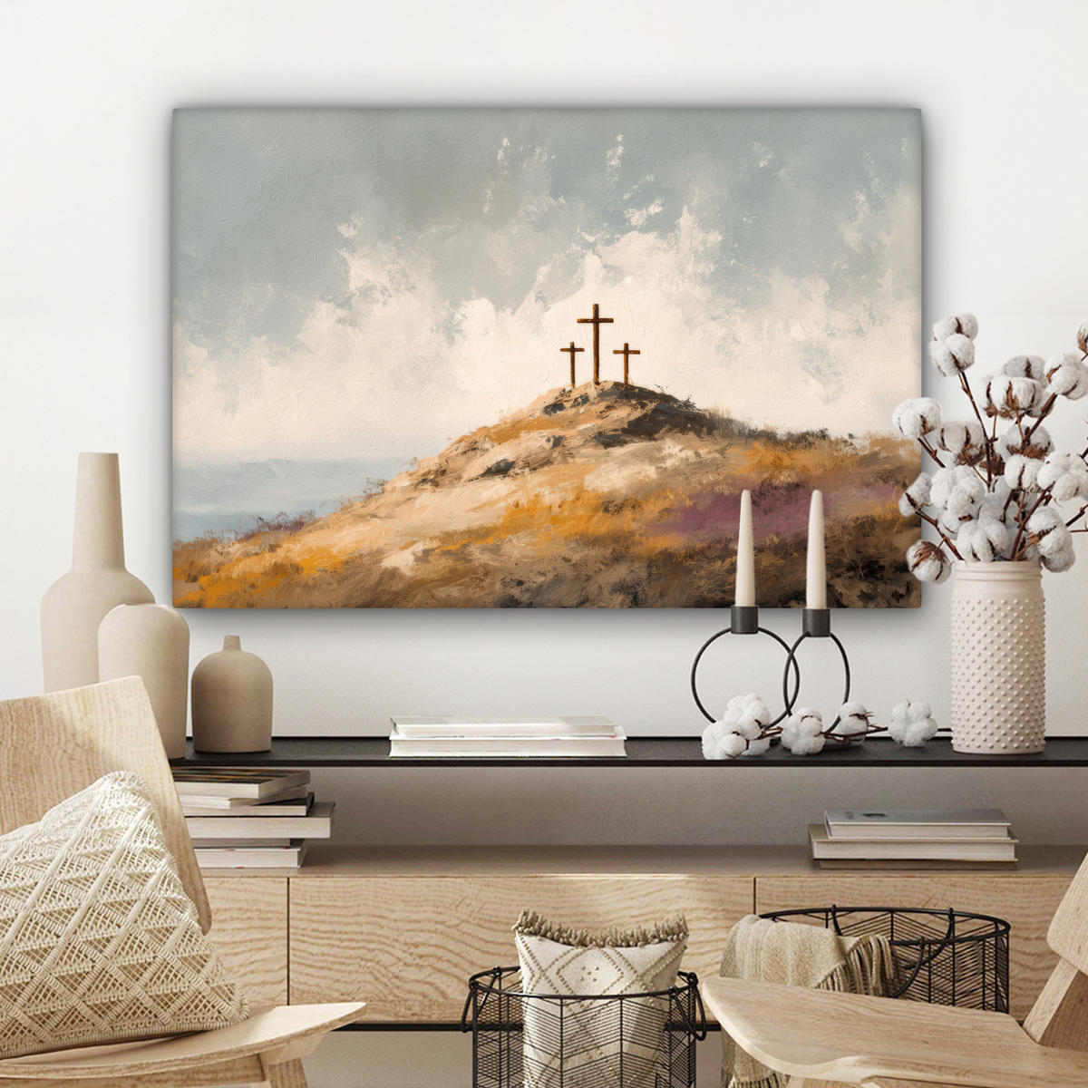 LEINWANDBILD Hügel - Abstrakt - Christentum - Kreuz Wanddeko 90x60 cm - Hellgrau, Textil (90/60cm) - MuchoWow