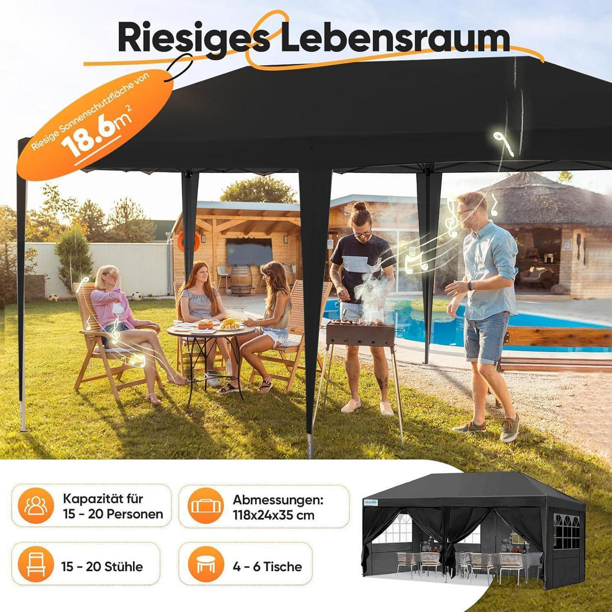 FALTPAVILLON 3x6m wasserdicht mit Seitenwänden und UV-Schutz 50+ Schwarz - Schwarz, Textil (300/277/600cm)