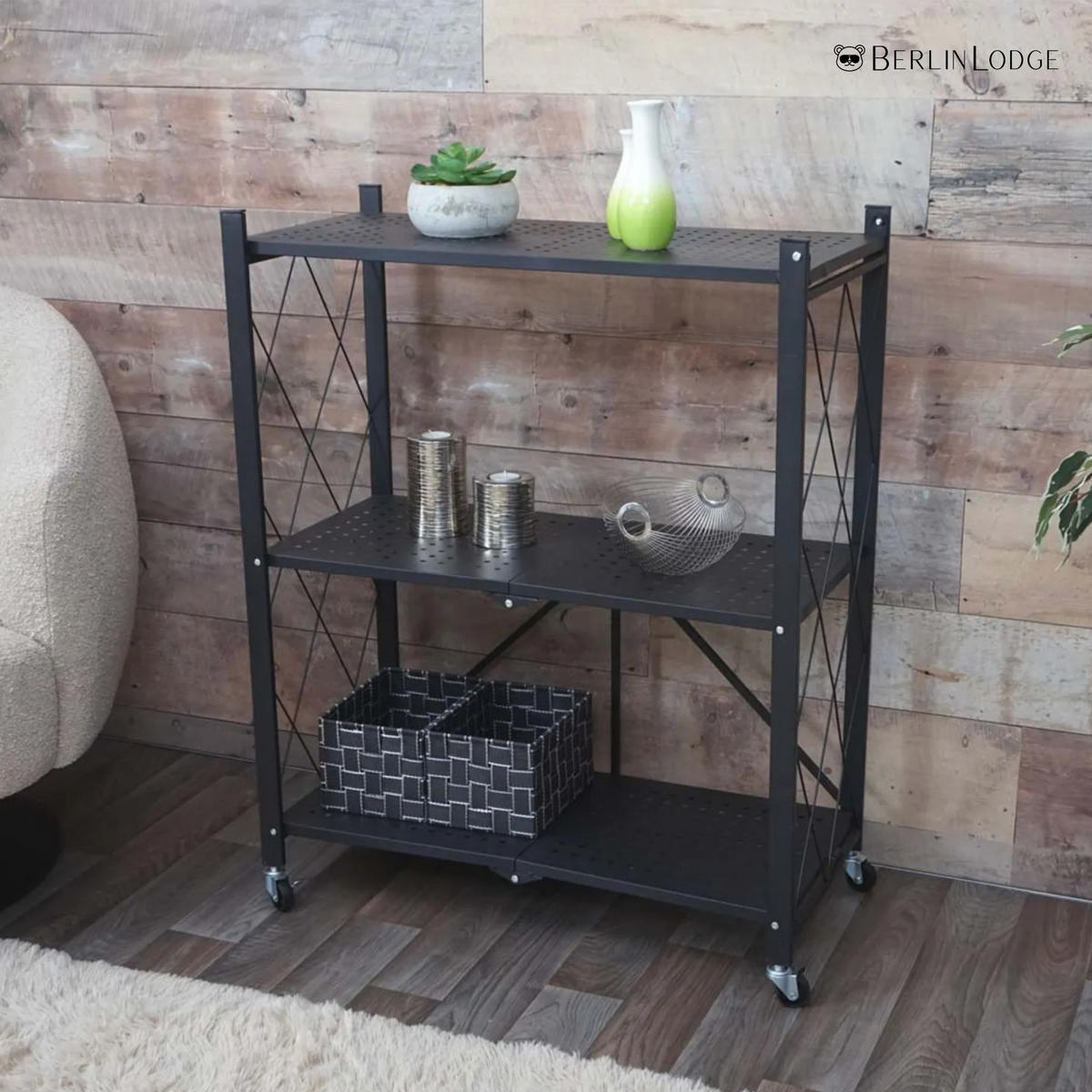 KLAPPREGAL auf Rollen 3 Fachböden Belastbarkeit 150kg 87x72x34 cm Schwarz - Schwarz, Metall (72/87/34cm) - PROREGAL