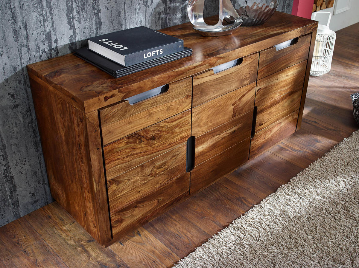 SIDEBOARD Sheesham 150x45x75 walnuss lackiert DUKE #127 - Dunkelbraun, Holz (150/75/45cm) - Massivmoebel24