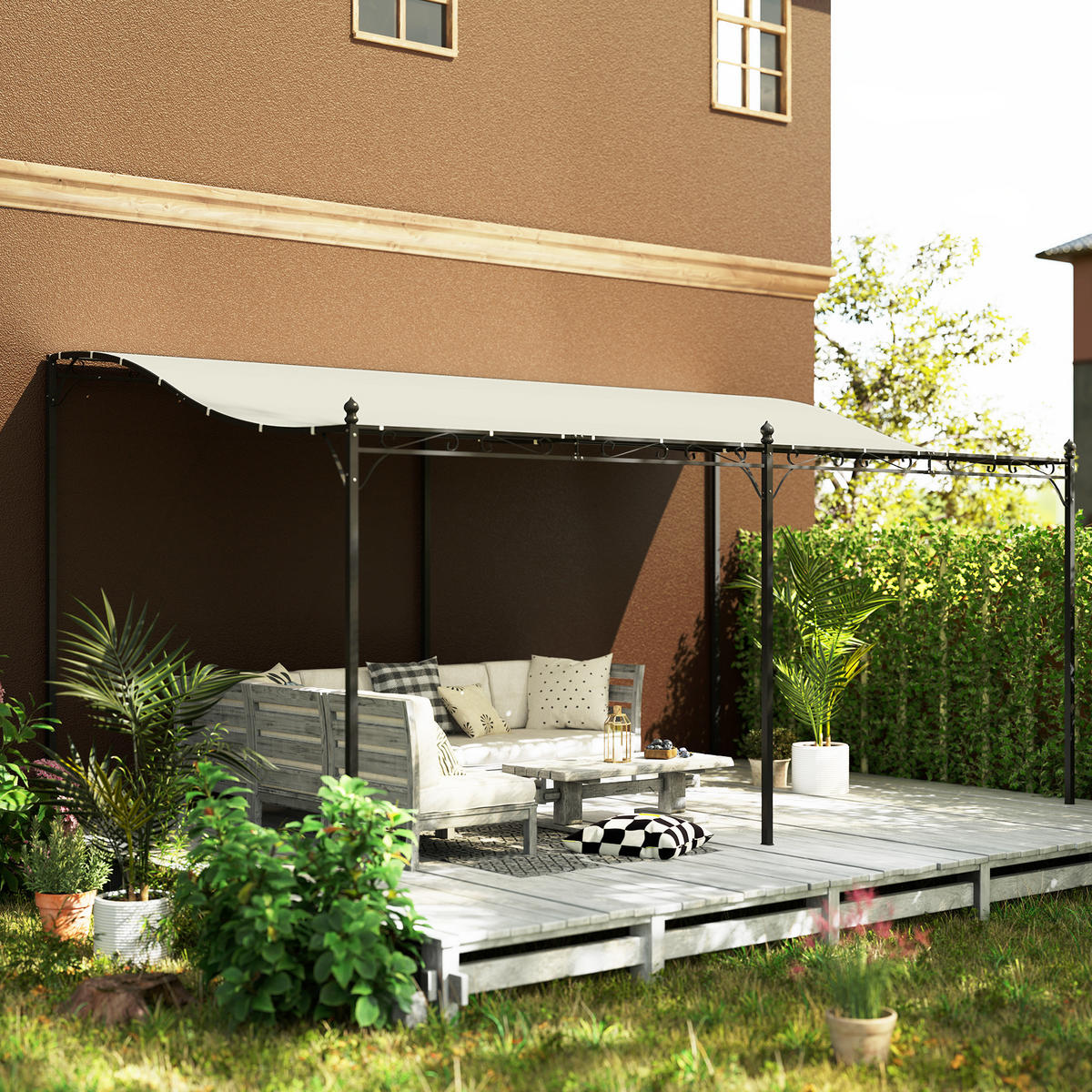 ANBAUPAVILLON Pergola mit Dach - Creme, Metall (298/253/491cm) - Outsunny