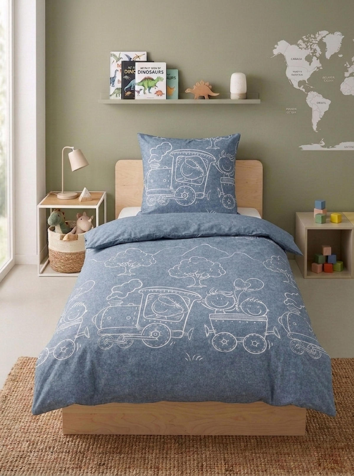 BETTWÄSCHE-GARNITUR Premium Melange Lokomotive blau, 135x200 cm + 80x80 cm - Blau, Textil (135/200cm) - biberna