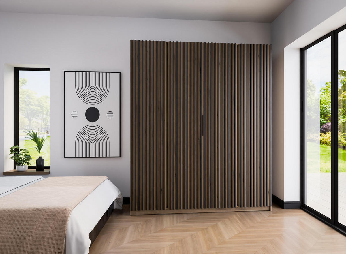 KLEIDERSCHRANK Nehir Korpus Eiche Evoke, Front Eiche Evoke/Schwarz 200 cm - 4T Modern mit 4 Lamellentüren - Eichefarben, Holzwerkstoff/Kunststoff (200/239/61.9cm) - AX Living