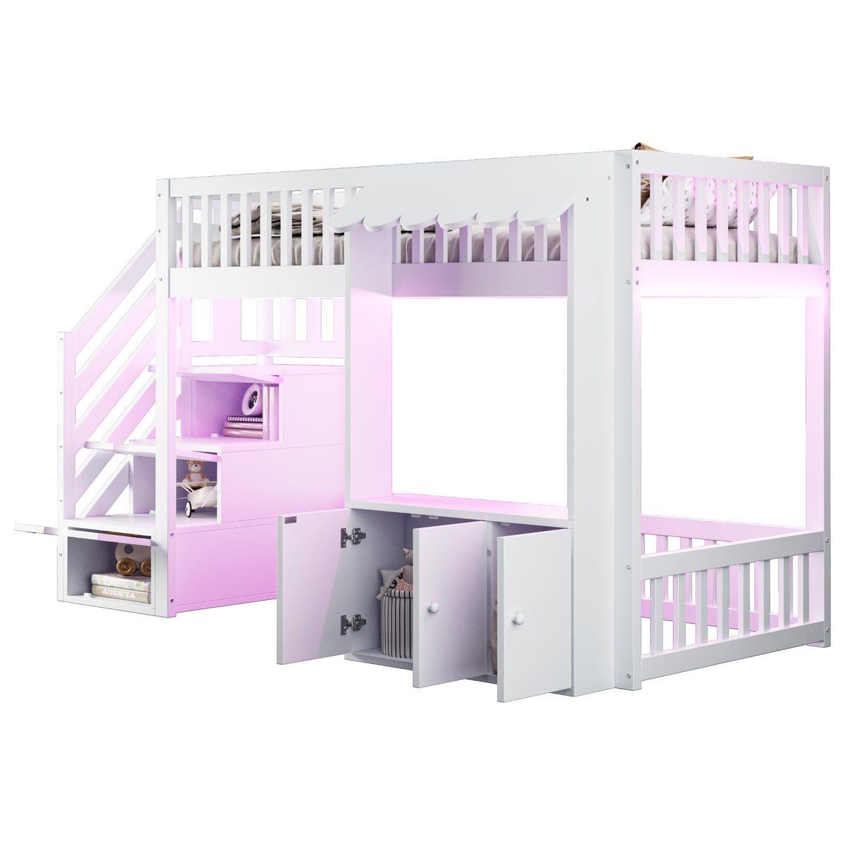HOCHBETT 90/200 cm in Weiß mit Stauraumtreppe, Schrank und LED - Weiß, Holz/Holzwerkstoff (90/200cm) - STILVORA