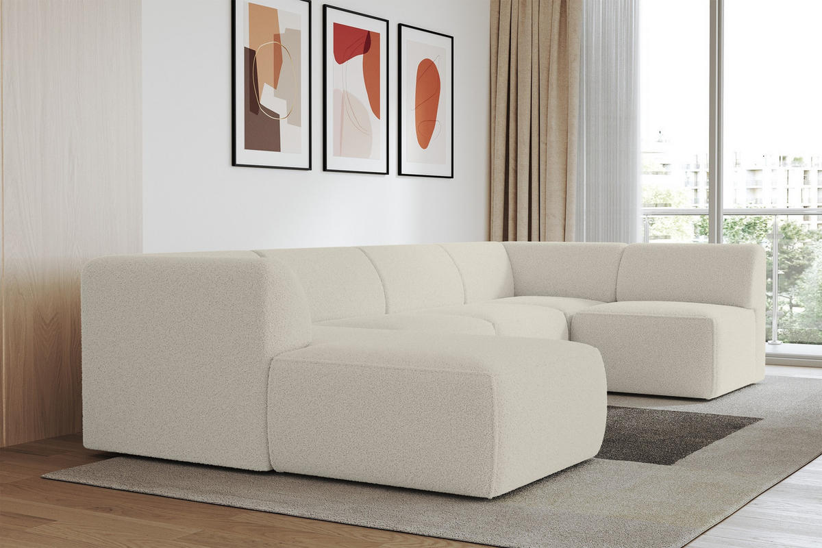 WOHNLANDSCHAFT Ottomane Links MOVA 345x180x78 Beige Bouclé - Sandfarben/Beige, Holzwerkstoff/Kunststoff (180/78/345cm) - ALTDECOR