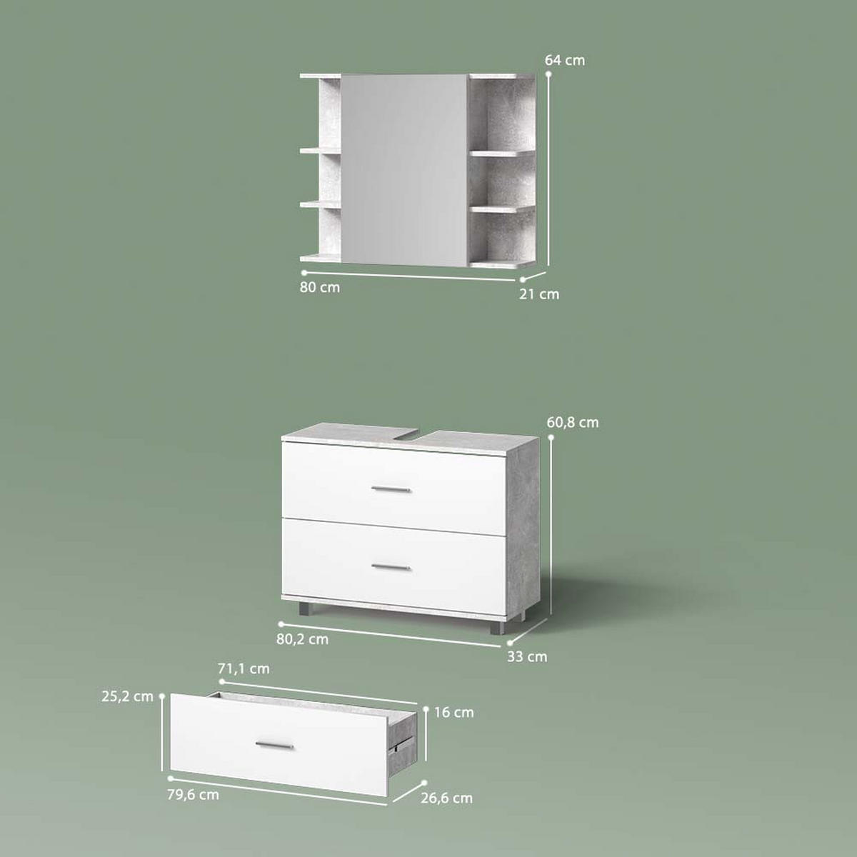 BADMÖBEL-SET Eisak Beton/Weiß 2 Teile, Unterschrank 80 cm - Weiß/Grau, Holzwerkstoff (80/60/33cm) - Livinity®