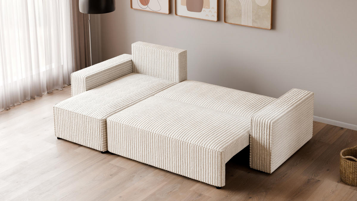ECKSOFA Tobi mit Bettkasten und Schlaffunktion, L-Form, Cordstoff, Universal - Ecru, Holzwerkstoff (246/145cm) - 4ALL HOME