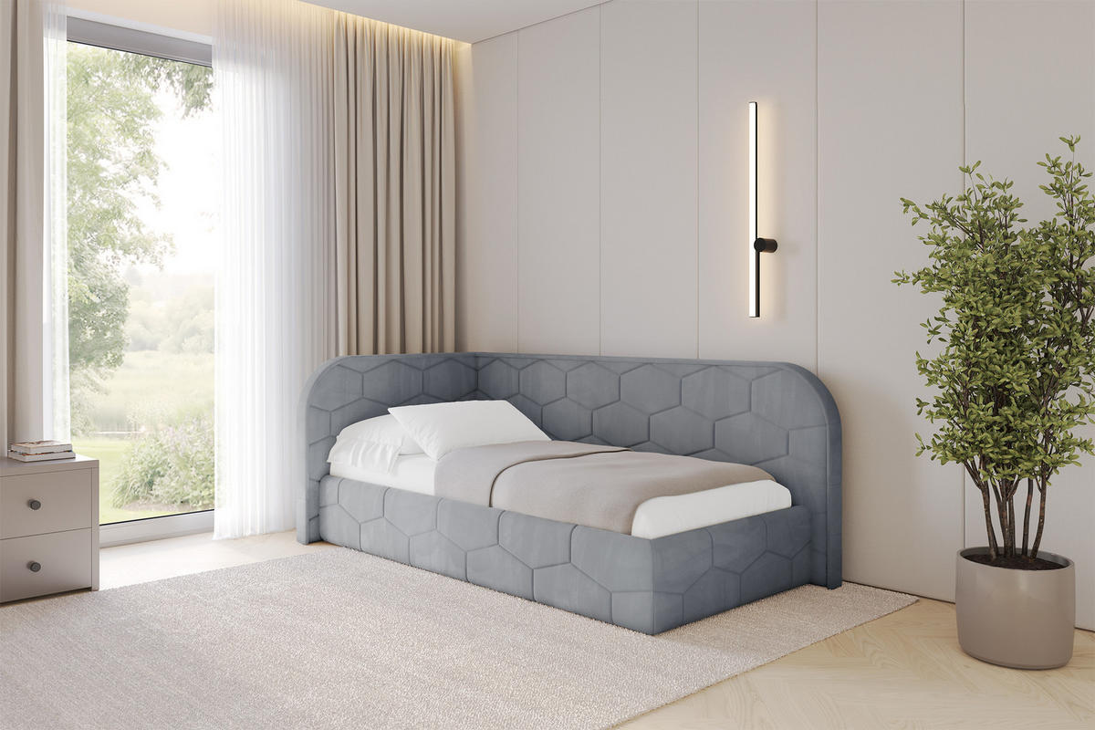 EINZELLBETT Jugendbett mit Bettkasten und Matratze H3/H4, Rechts - JAXY 90x200 Grau - Blaugrau, Holzwerkstoff/Textil (90/200cm) - ALTDECOR