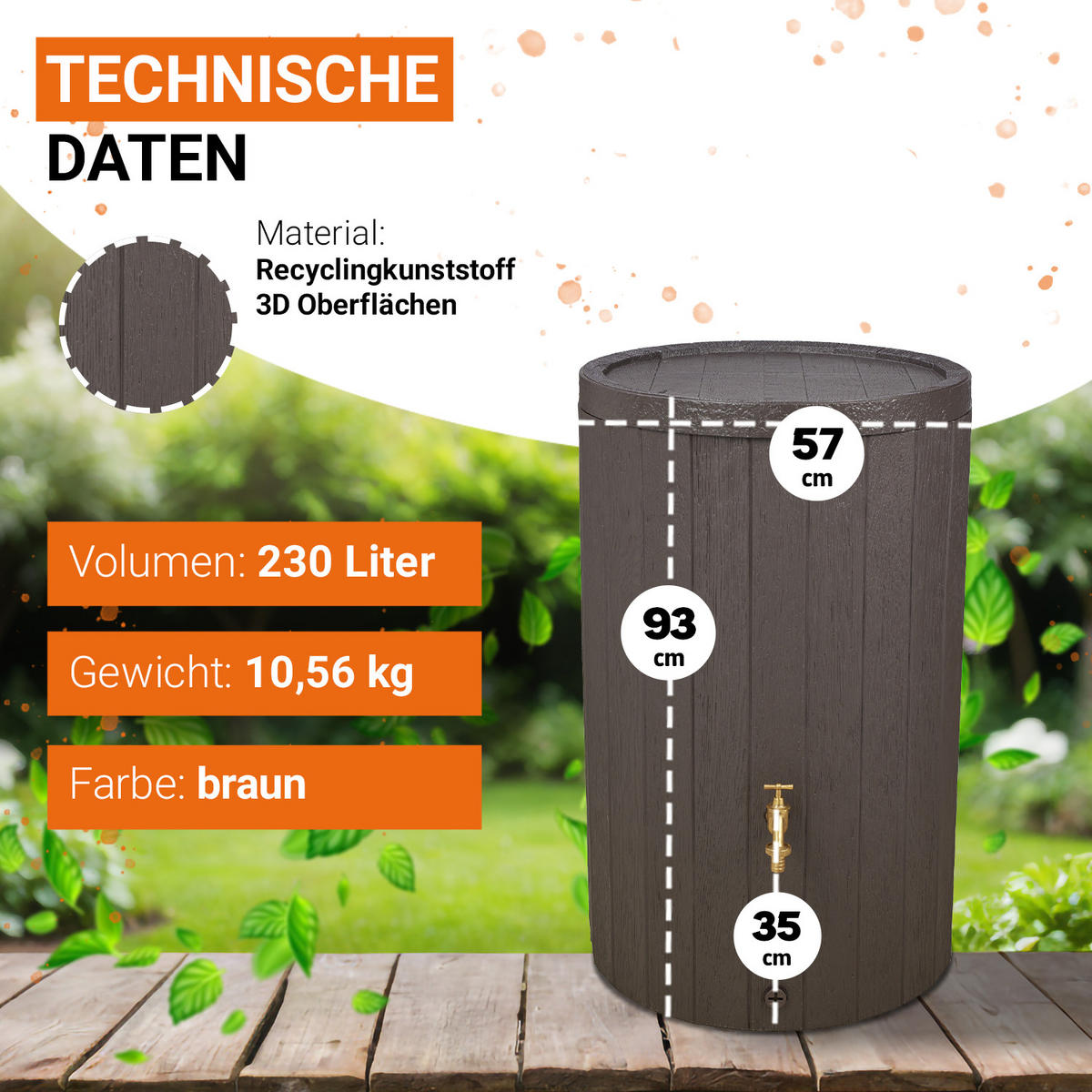 REGENTONNEN Komplett-Set 230 L braun inkl. Messing-Auslaufhahn und Fallrohranschluss - Braun, Kunststoff (57/93/59cm) - GARANTIA