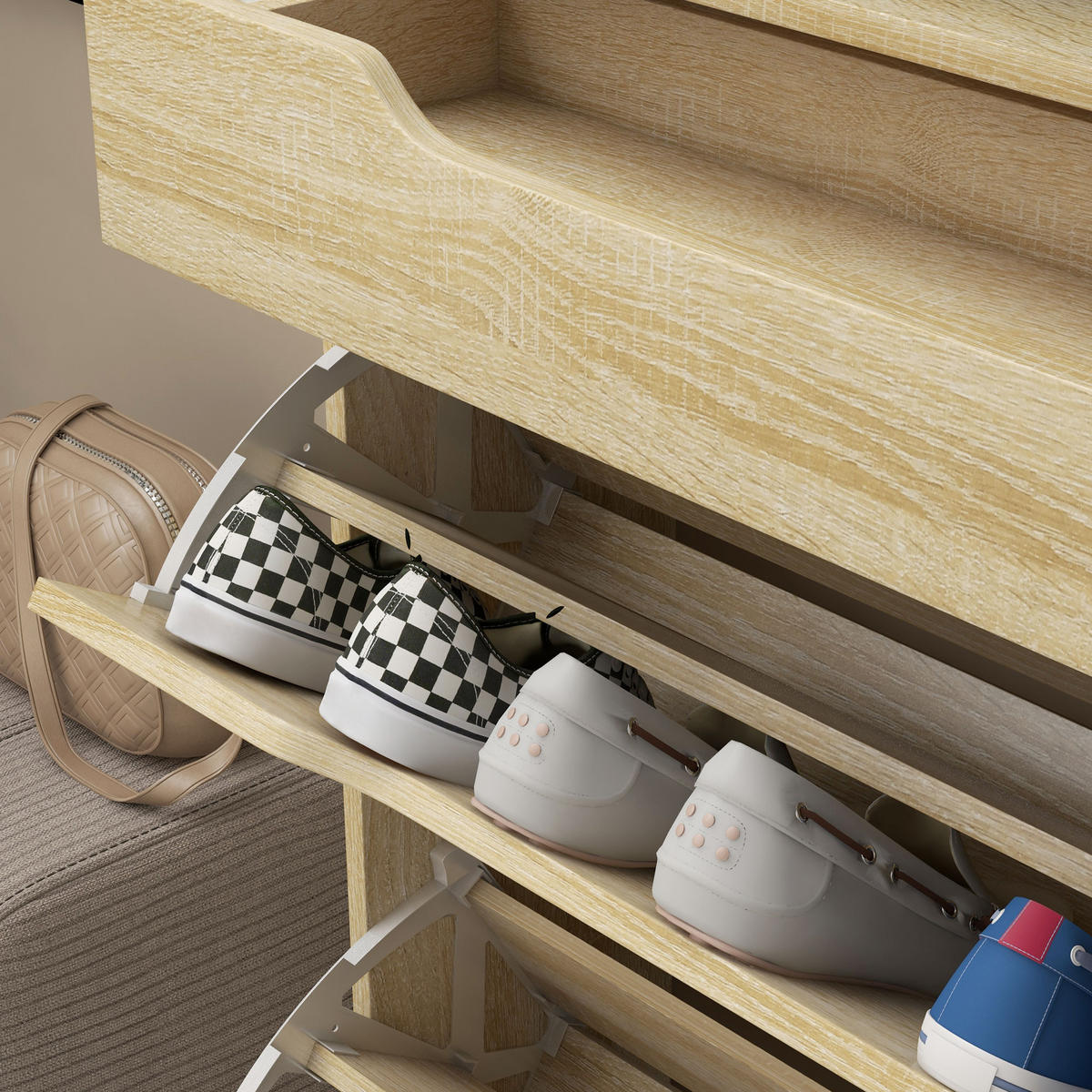 SCHUHSCHRANK DE-15003 mit 2 Klapptüren, Schublade & Glasablage Eiche - Eichefarben, Holzwerkstoff (89/96/23cm) - ComfortXL