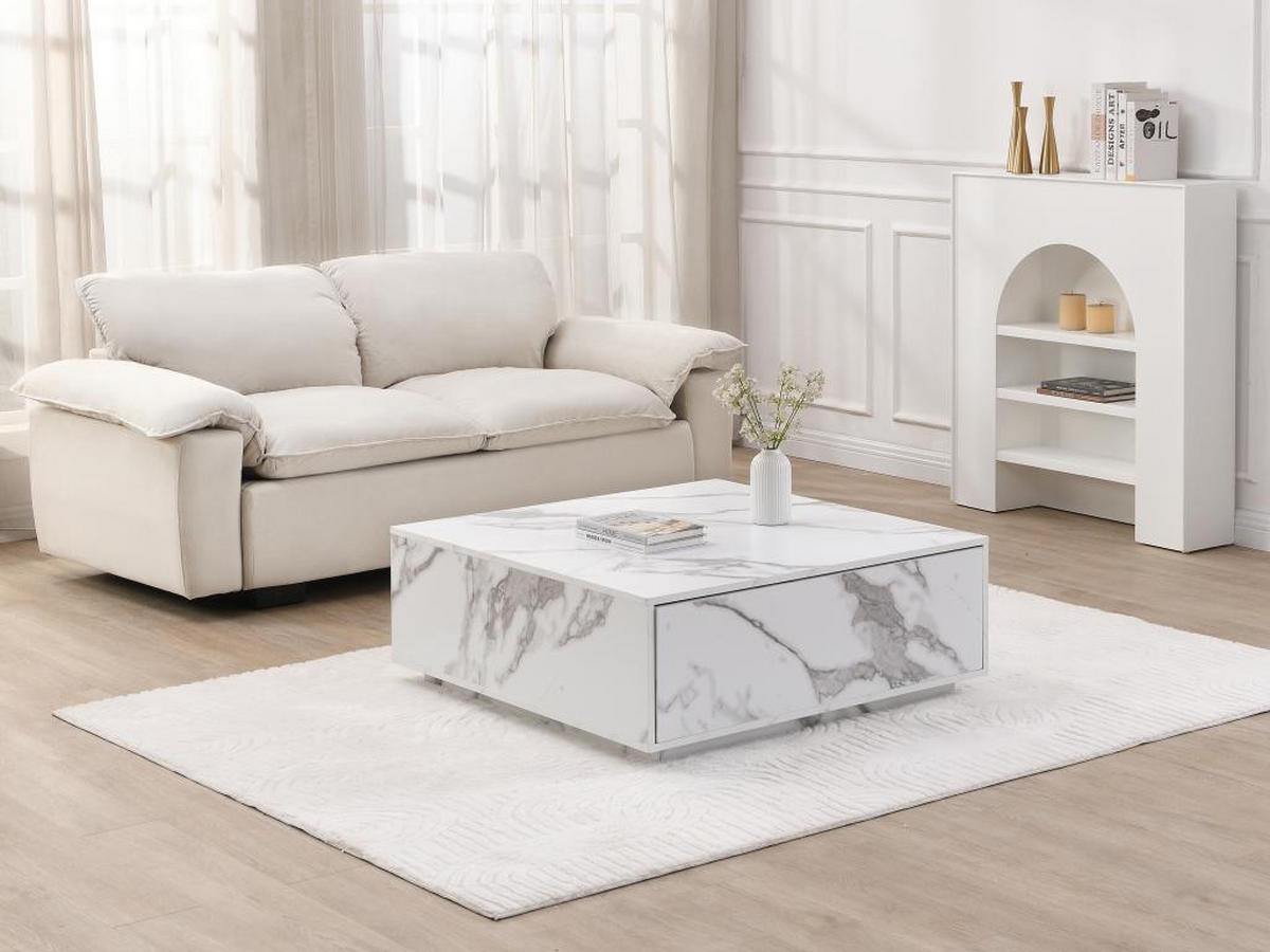 COUCHTISCH mit 2 Schubladen - MDF - Marmor-Optik Weiß - ANTRIM - Weiß, Holz (90/90/35cm) - Pascal Morabito