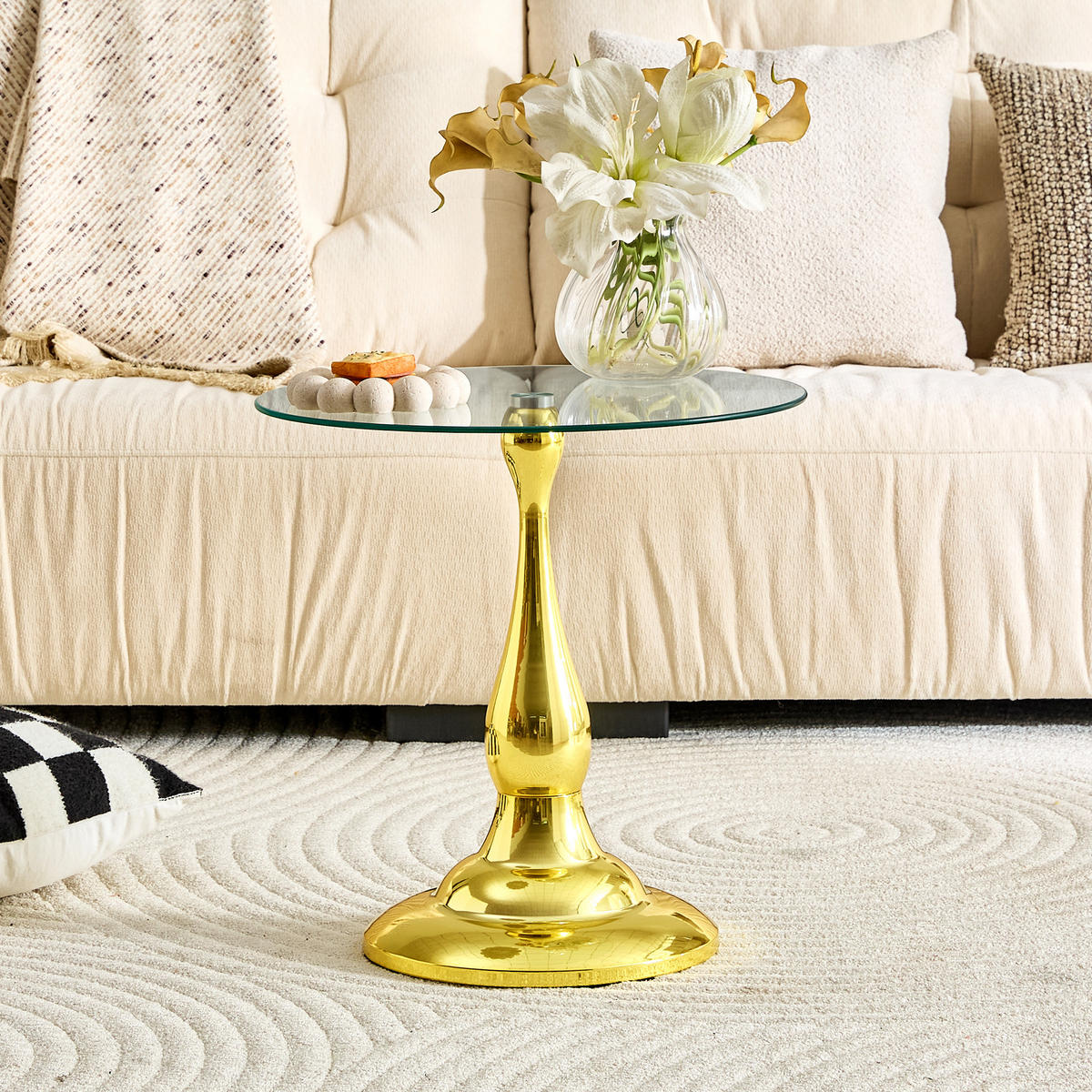 BEISTELLTISCH DE-37360 rund mit Glasplatte und geschwungenem Sockel Gold - Goldfarben, Metall (50/50/51.5cm) - ComfortXL