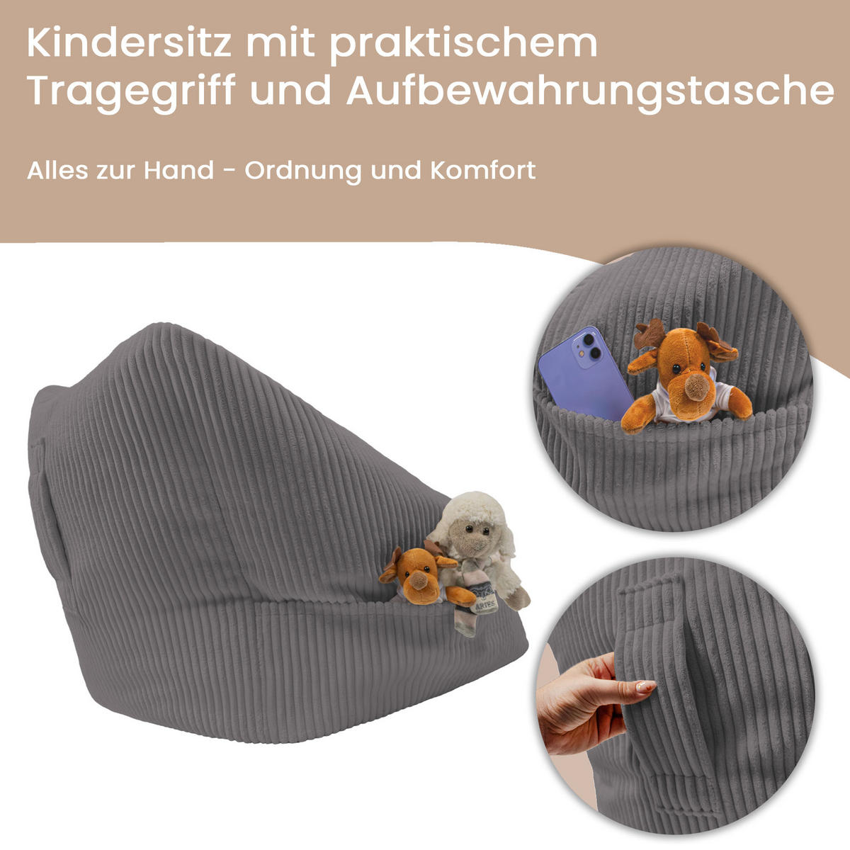 SITZSACK-SESSEL Bambino 55/60/55 cm, weicher Cord 380 g/m², mit Griff & Seitentasche, Dunkelgrau - Dunkelgrau, Textil (55/55/60cm) - Dreamroots