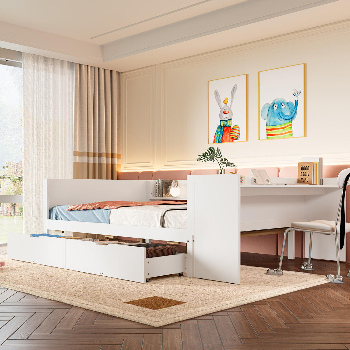 BETT 140/200 cm aus Kiefer mit Schreibtisch, Weiß - Weiß, Holz (140/200cm) - OKMYHOME