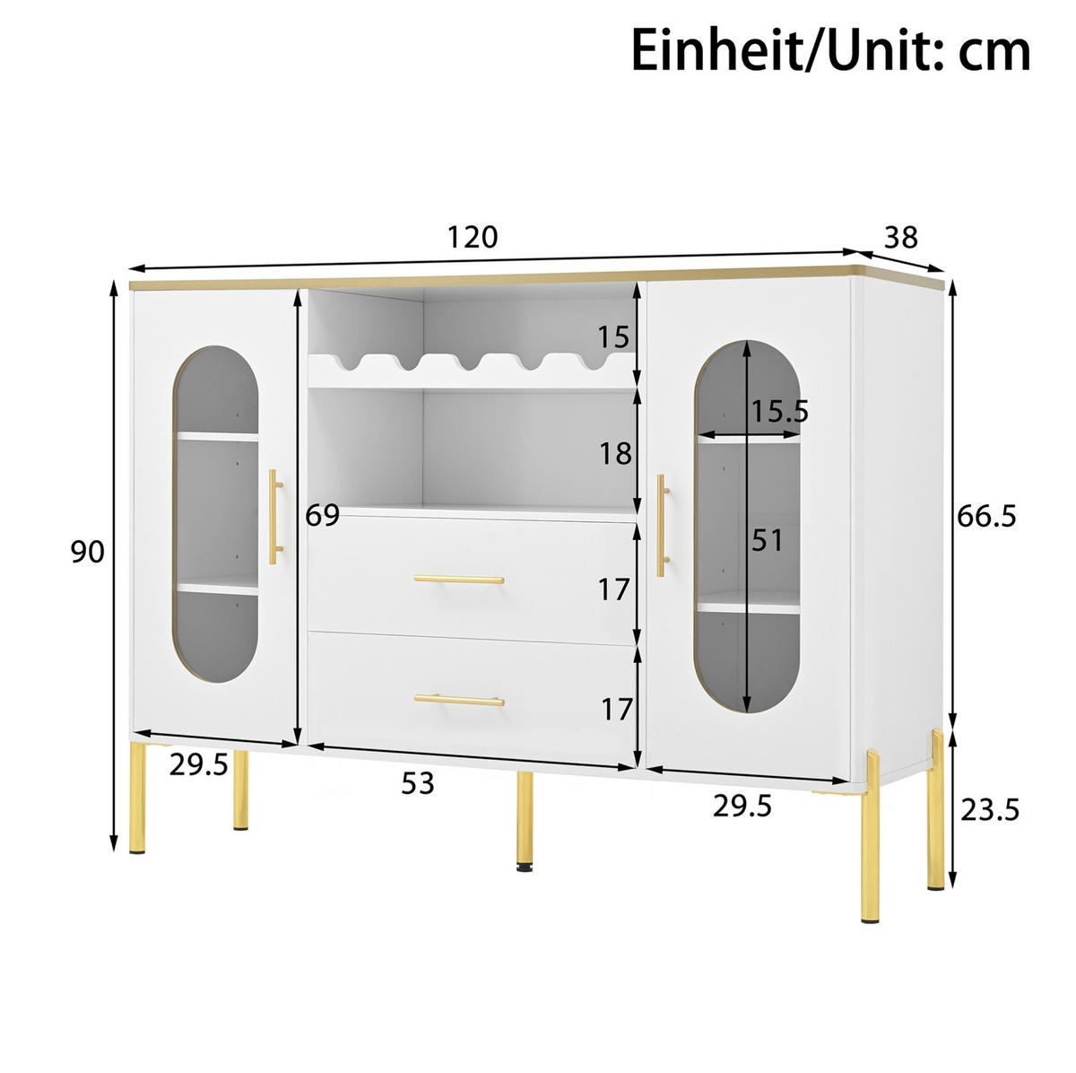 KOMMODE aus MDF 120x38x90cm in Weiß mit Weinregal - Weiß, Holzwerkstoff (120/90/38cm) - Modfu