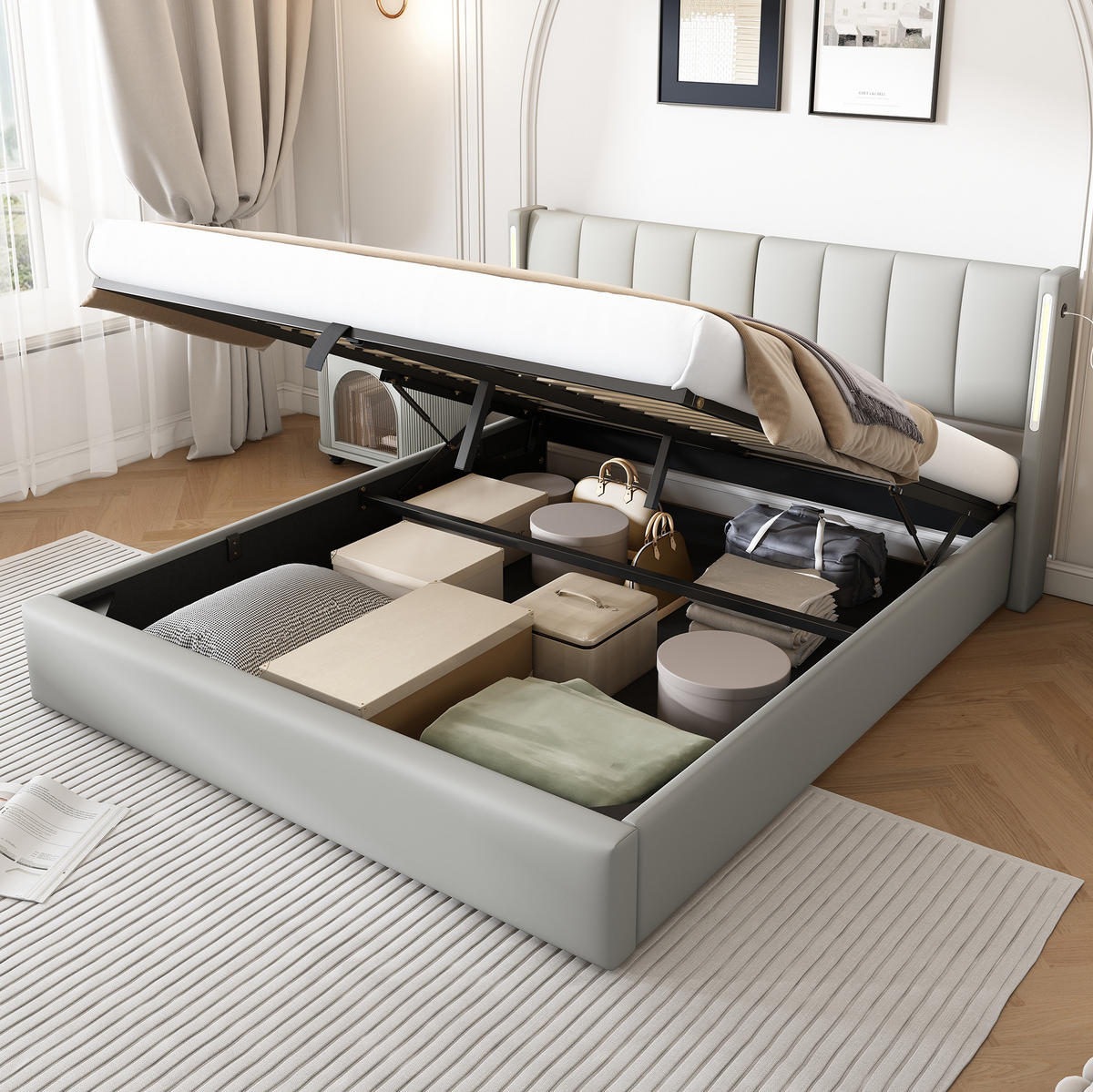POLSTERBETT mit Stauraum und LED 180x200 cm PU Grau - Grau, Metall (180/200cm) - Meubliv