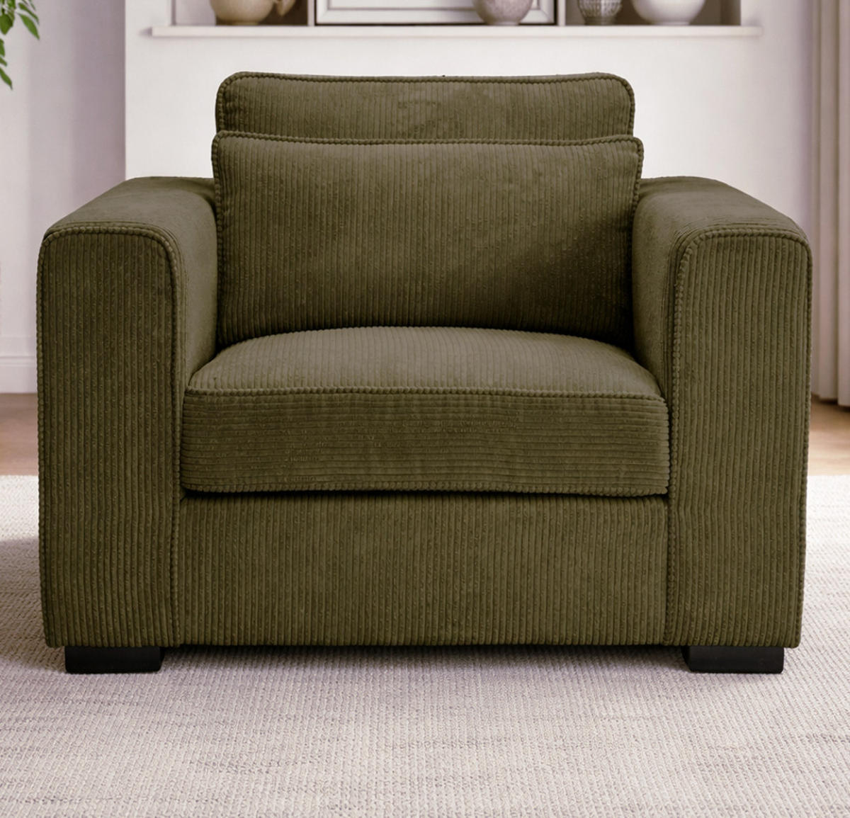 SESSEL khaki Cord, Loungesessel 120 cm, Wohnzimmersessel mit Wellenfederung - Dunkelgrün/Schwarz, Holzwerkstoff/Kunststoff (120/92/112cm) - Inn.Furn