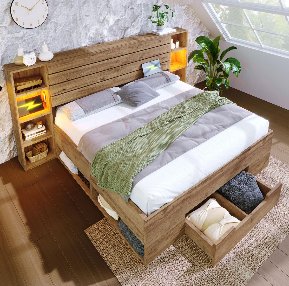 POLSTERBETT 160/200 cm Eiche aus Metall und Holz mit Stauraum - Eichefarben, Metall (160/200cm) - OKMYHOME