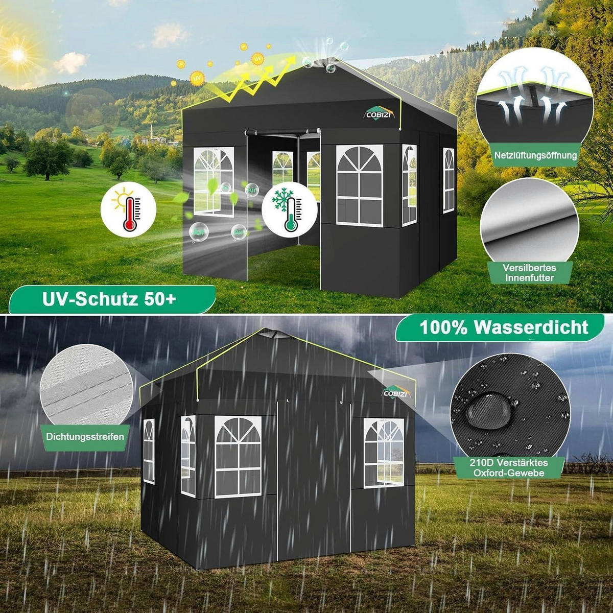 FALTPAVILLON 3x3m mit Seitenwänden wasserdicht UV-Schutz 3 Höhen verstellbar Schwarz - Schwarz, Textil (300/298.2/300cm)