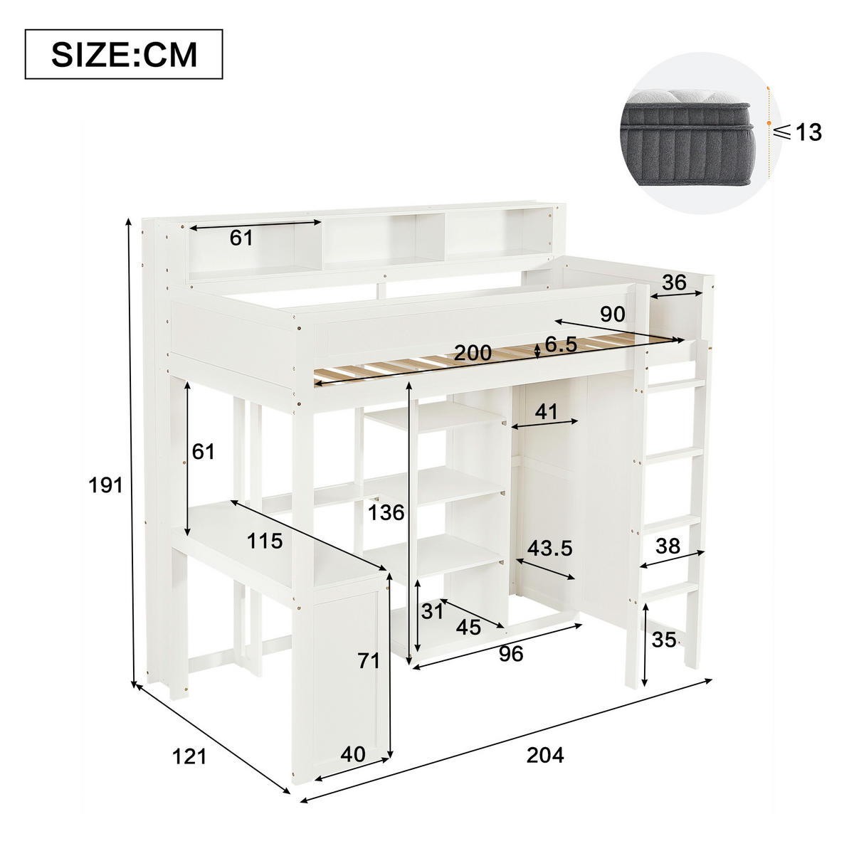 ETAGENBETT 90x200 cm in Weiß mit Schreibtisch, Kleiderschrank und Regalen - Weiß, Holz (90/200cm) - IVMEU