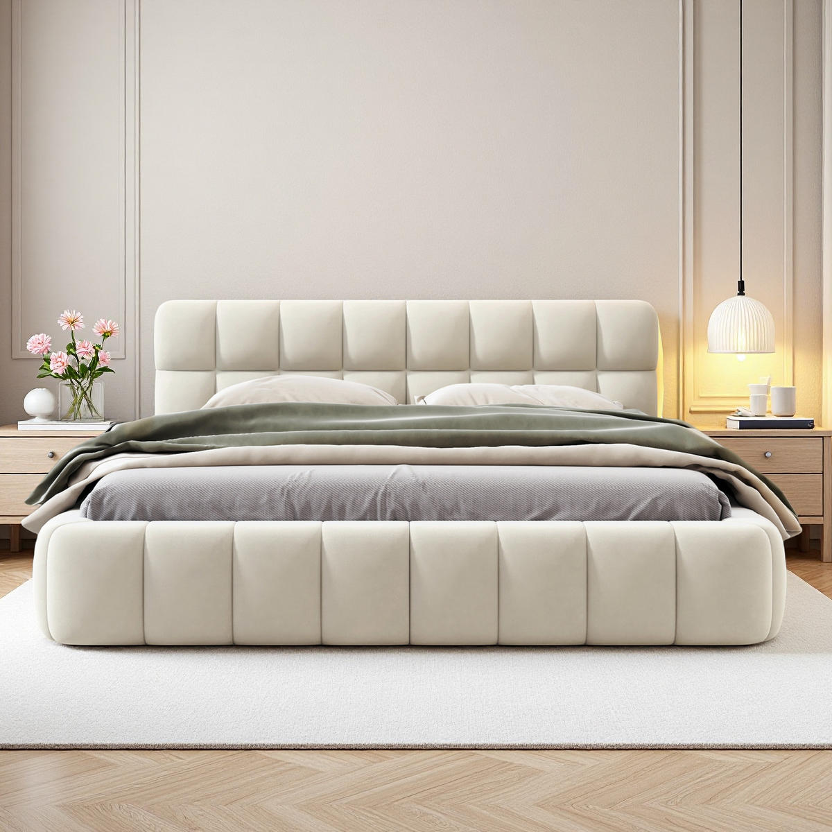 POLSTERBETT 140x190 cm Bubble Design Lattenrost Rückenlehne Leinen beige - Beige, Holz (140/190cm) - LEBENLANG