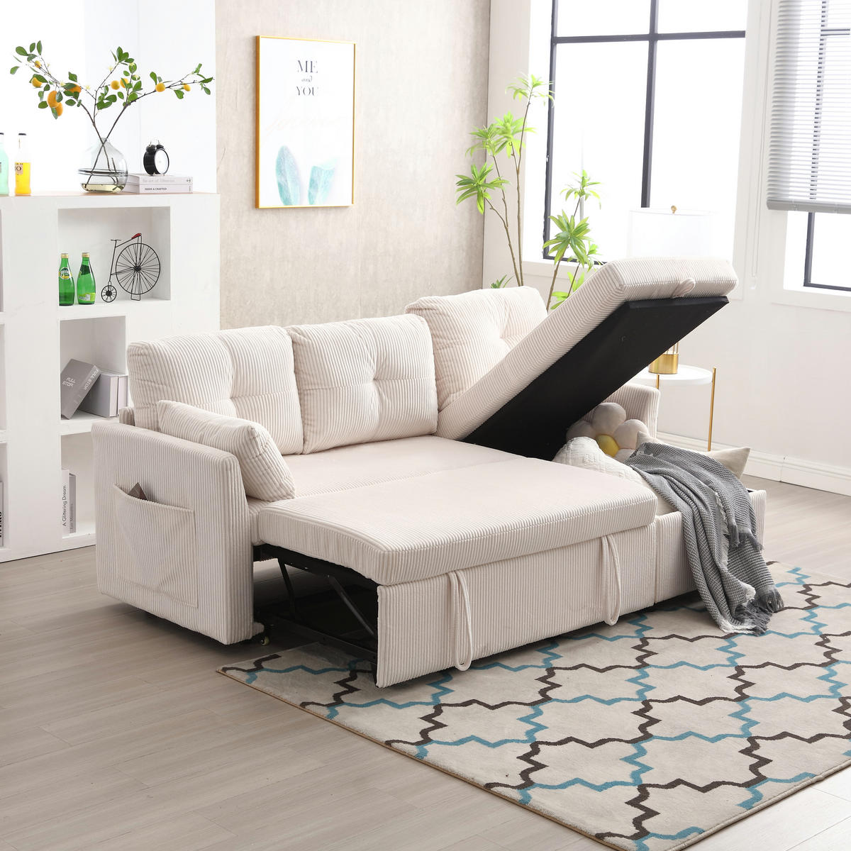 SCHLAFSOFA mit Stauraum, Ausziehbett und wechselbarer Chaiselongue - Beige, Textil (206/88/108cm)