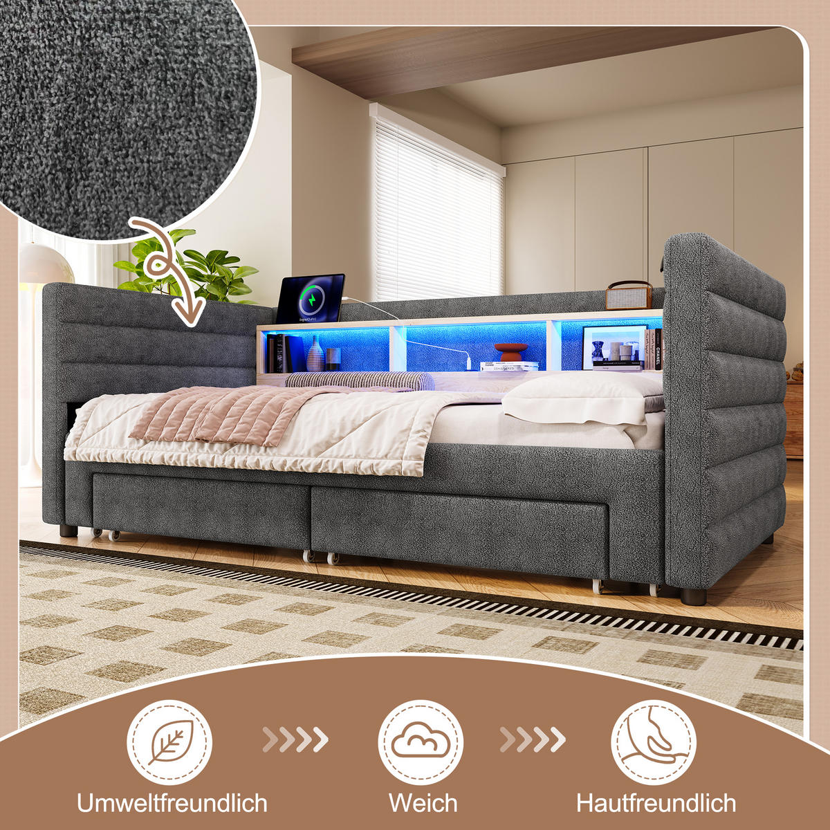 TAGEBETT 90x190cm Grau Samt Ausziehbett 2 Schubladen USB-C LED-Licht - Grau, Holz (90/190cm) - FLIEKS