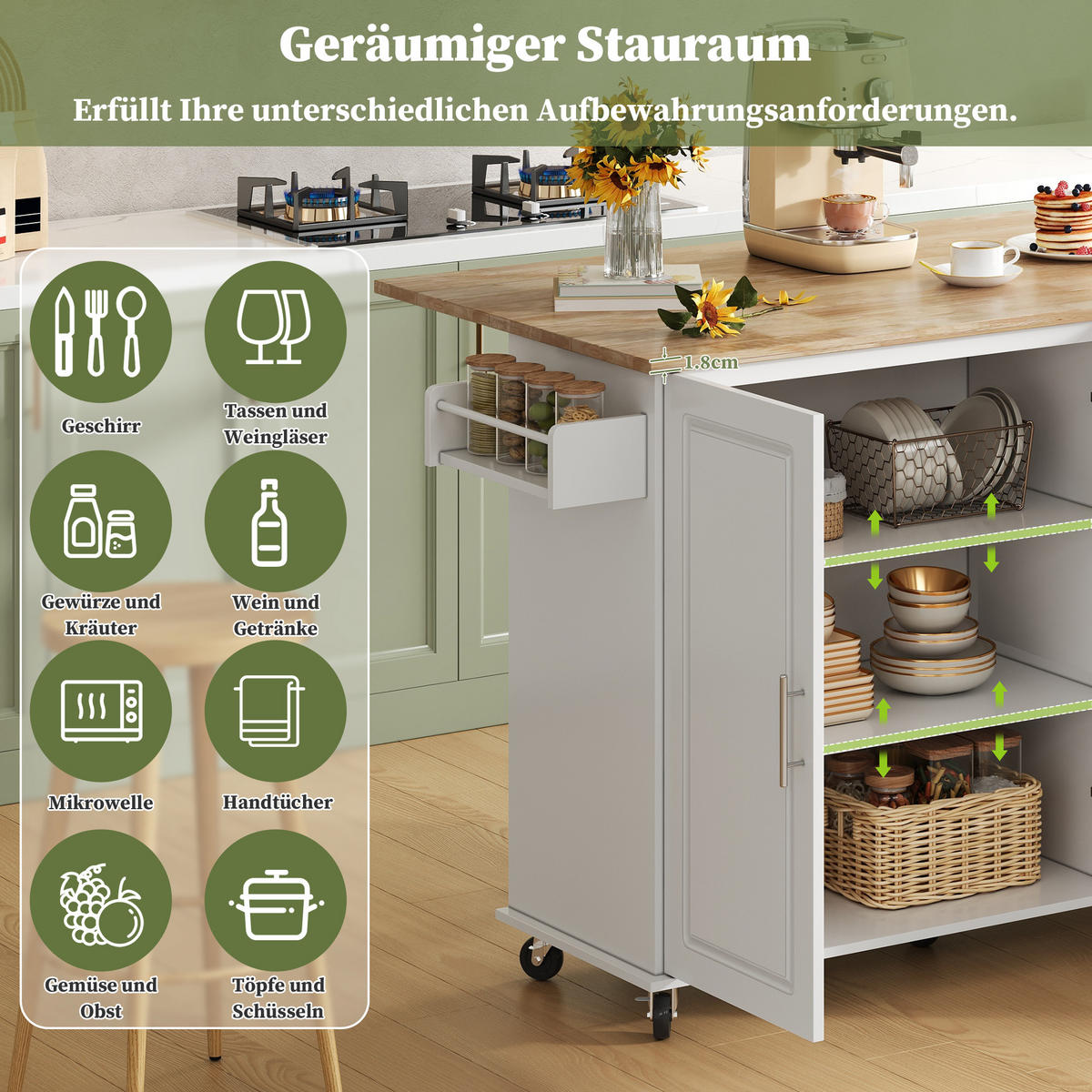 KÜCHENINSEL 137x76x92cm Weiß mit Klappplatte, Schrank, 3 Schubladen & Rollen - Weiß, Holzwerkstoff (137/92/76cm) - Modfu