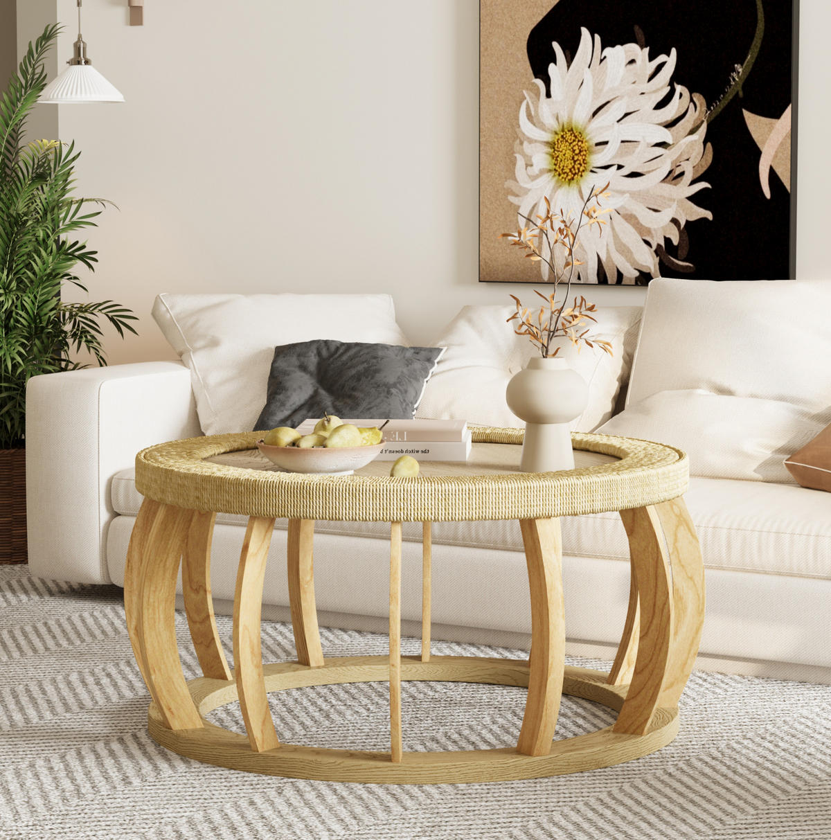 COUCHTISCH 90/90/43 cm mit runder Tischplatte und geschwungenen Beinen, Natur - Naturfarben, Holzwerkstoff (90/90/43cm) - Modfu