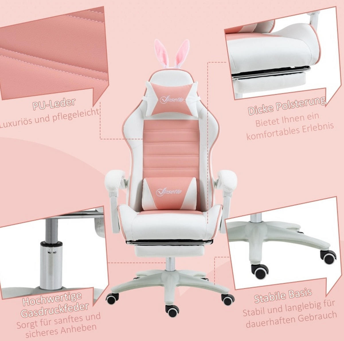 GAMINGSTUHL 65/63/136-142 cm, höhenverstellbar 44-52 cm, mit Fußstütze und Hasenohren, Bonded Leather, Pink - Pink, Kunststoff (63/142/65cm) - Redom
