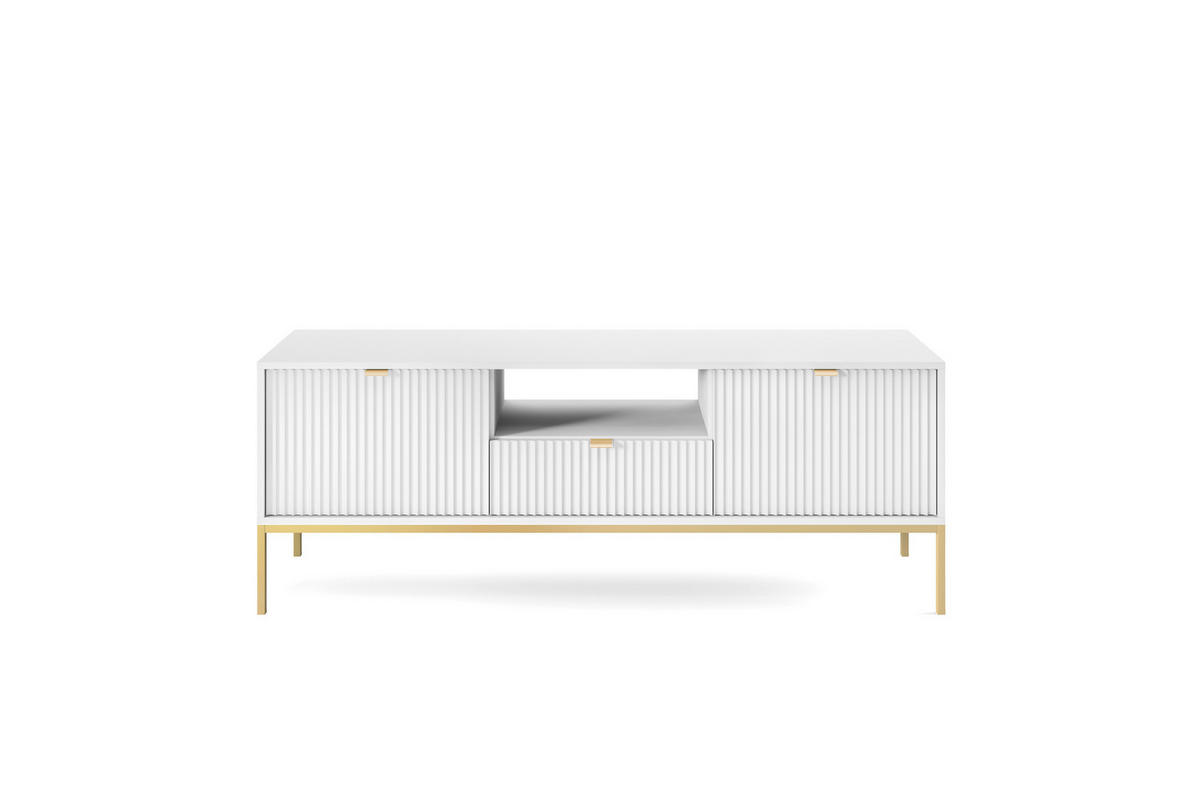 TV-SCHRANK NOVA Geriffelt Regal, 2 Türen, Schublade, Goldene Beine, 154x39x56cm, Weiß - Goldfarben/Weiß, Holzwerkstoff/Kunststoff (154/56/39cm) - DomoHome